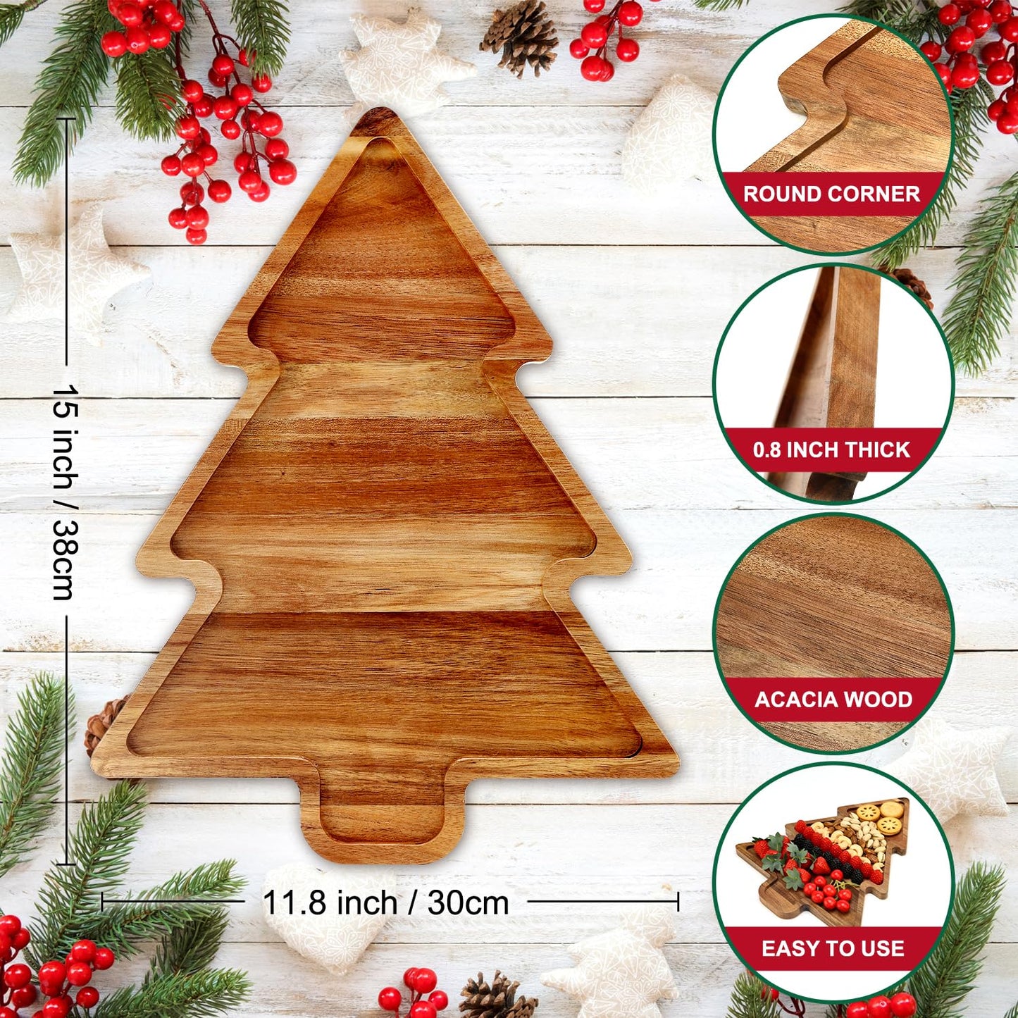 Acacia Wood Christmas Tree Tray Gift Ideas Decorative Xmas Platters Serving Dish Wooden Snack Charcuterie Board for Christmas Veggie Trays Food Cheese Boards Festive Plate Holiday Fruit Cookie Tray