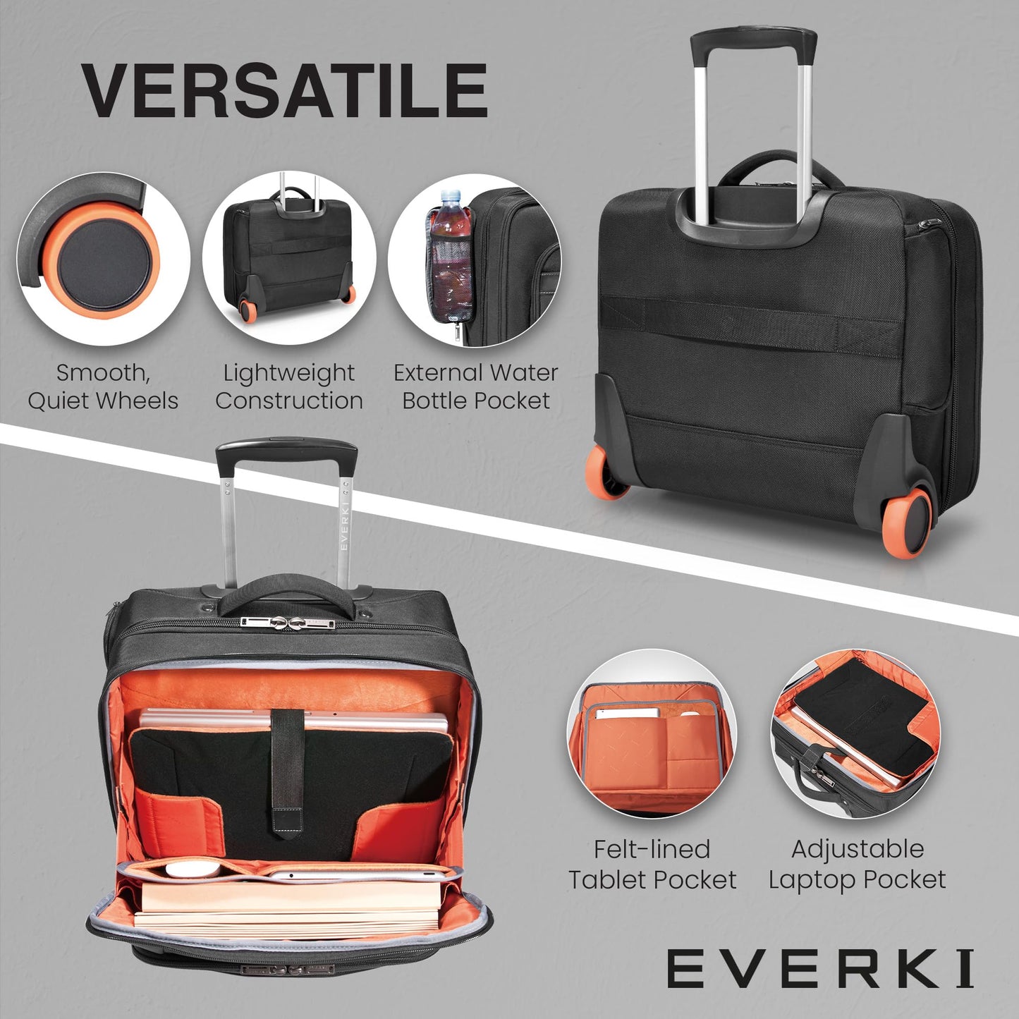 EVERKI Journey 27L Rolling Laptop Briefcase – Carry On Luggage with Wheels for Business Travel Lightweight Mobile Office Work Bag with Padded Compartment & Tablet Pocket Fits Laptops up to 16" – Black