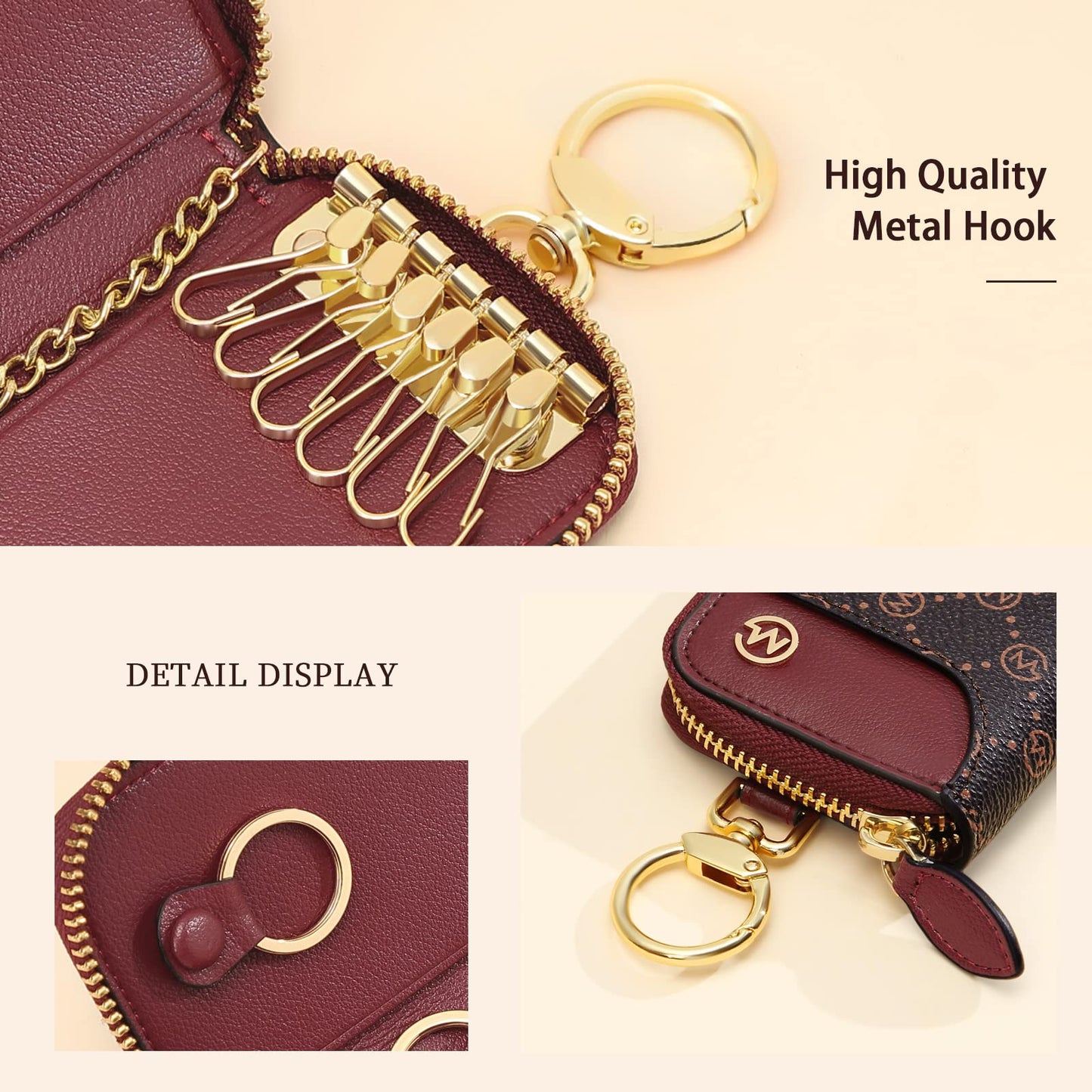 GOLF SUPAGS Women PVC Leather Car Key Chain Card Holder Wallet Pouch Card Slot 6 Hook 1 Fixed Key Ring 1 Detachable Key Ring (Brown×Wine)