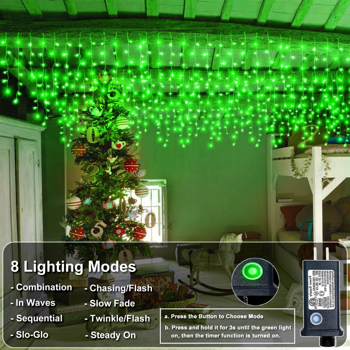 Icicle Lights for Outside - 33FT 400 LED Icicle Christmas Lights Outdoor with 75 Drops 8 Modes Timers, Waterproof Connectable Hanging Lights for Indoor House Eaves Yard Party Decorations, Green