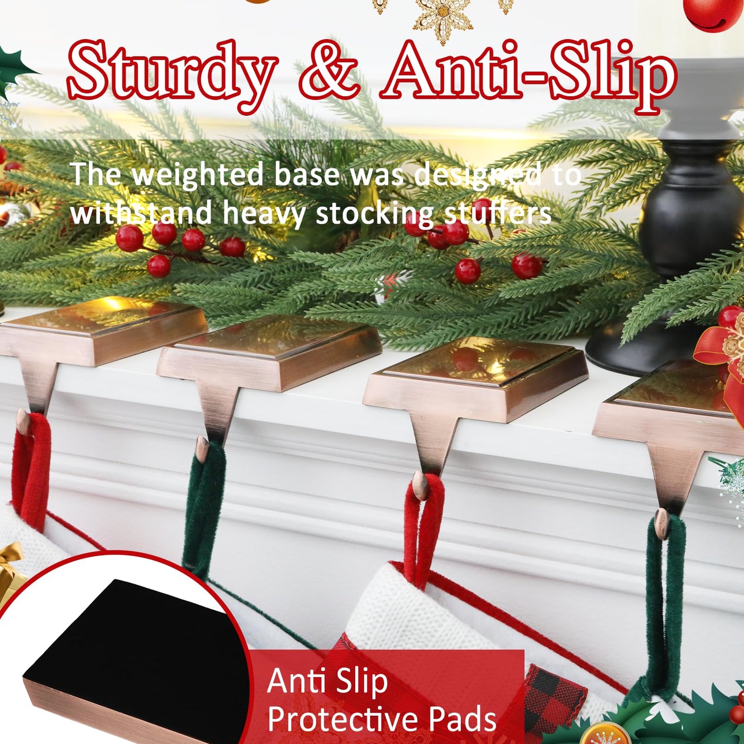 SINTENILL Christmas Stocking Holders for Mantle Set of 4, Heavy Weighted Metal Stocking Holders Hangers Low Profile Stocking Hooks Bases for Fireplace Table Xmas Holiday Party Decoration, Copper
