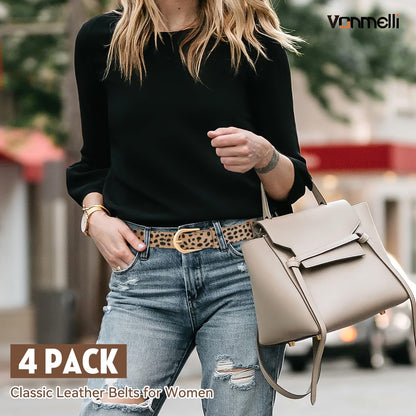 VONMELLI 4 Pack Womens Thin Leather Belt Skinny Waist Belts for Women Fashion Jeans Dress with Gold Buckle, Black Brown Beige leopard, XXS