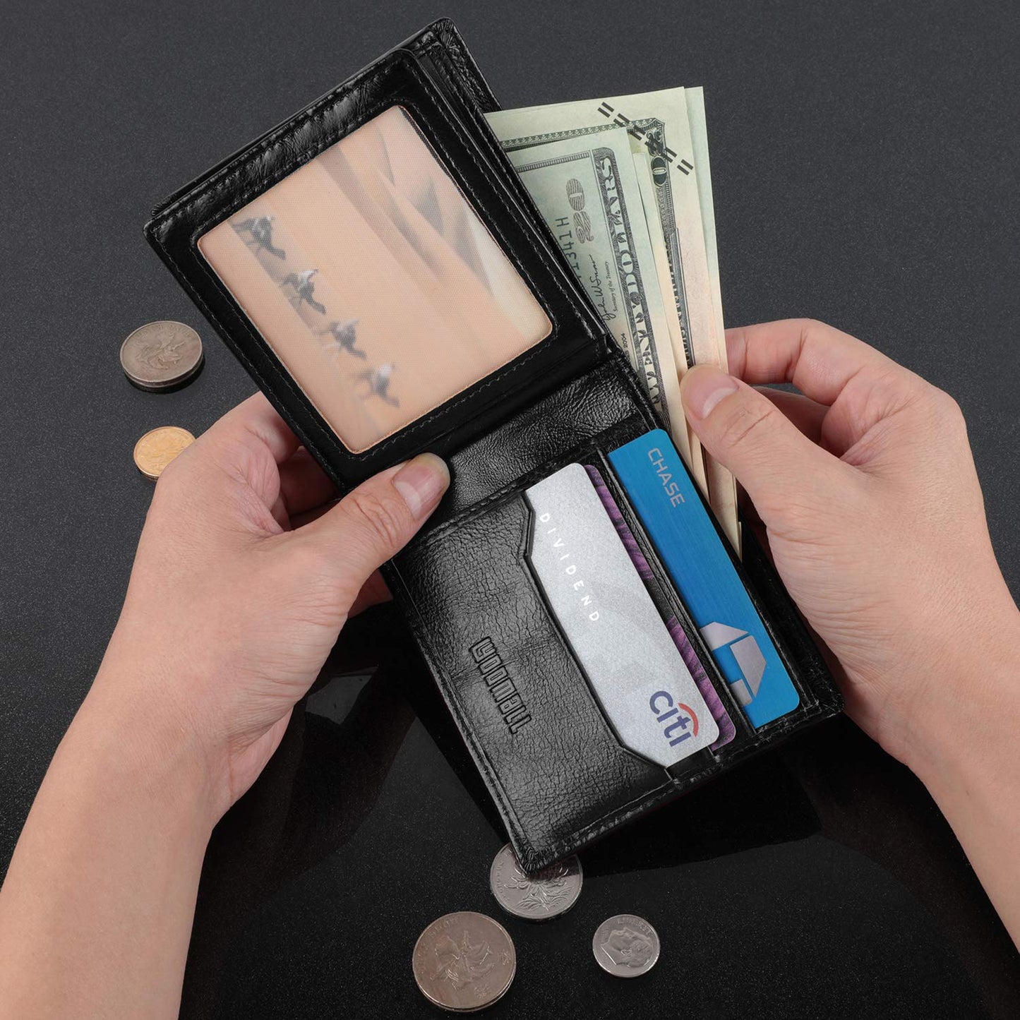 LYOOMALL Wallet for Men, Large Capacity Genuine Leather RFID Blocking Bifold Wallet/Credit Card Holder for Men, with Coin Pocket, Zipper Cash Pocket, ID Window and 10 Card Slots (Black)