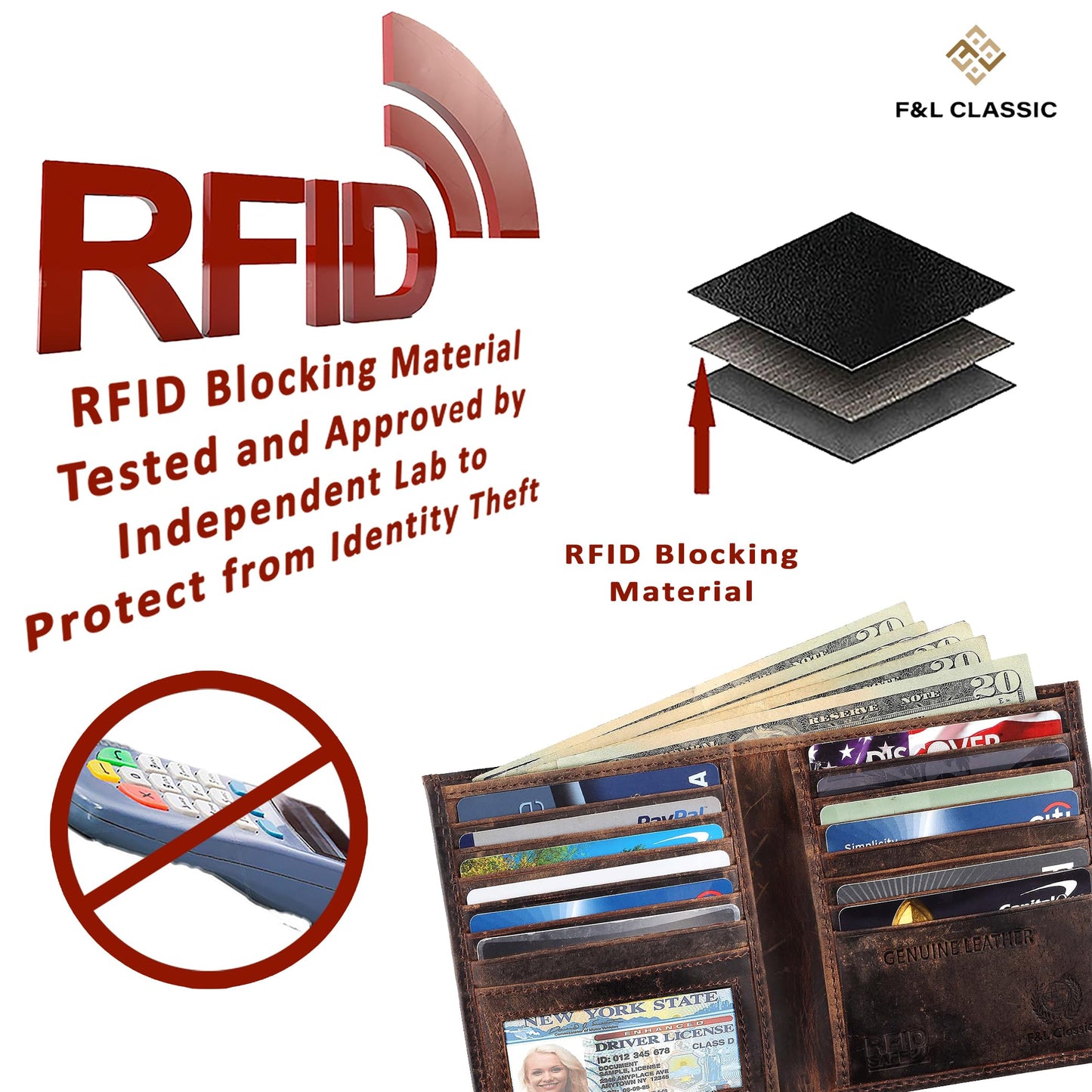 F&L CLASSIC RFID Blocking Mens Leather Bi-Fold Big Hipster Wallet, 13 credit card slots,buffalo vintage brown