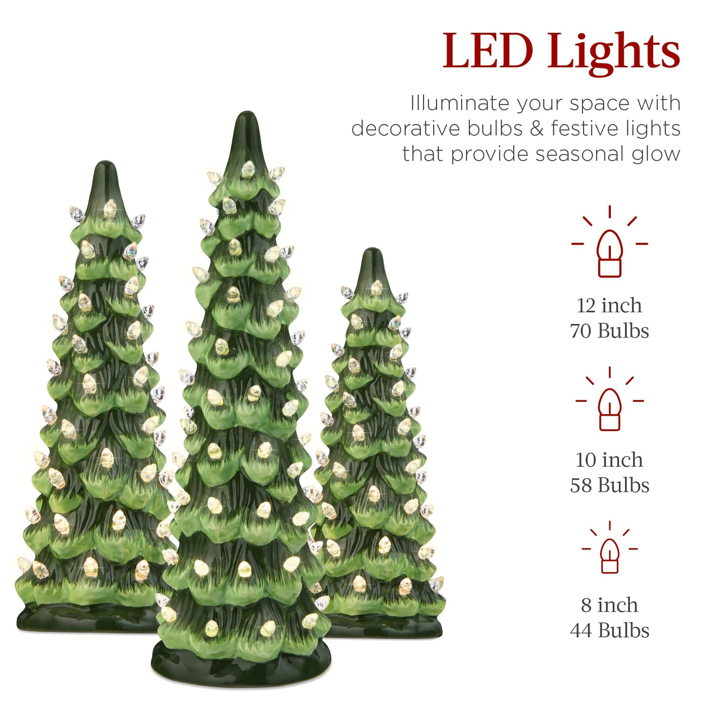 Best Choice Products Set of 3 Ceramic Christmas Trees, Pre-Lit Hand-Painted Tabletop Holiday Decoration w/Warm White Bulbs LED Lights – Green