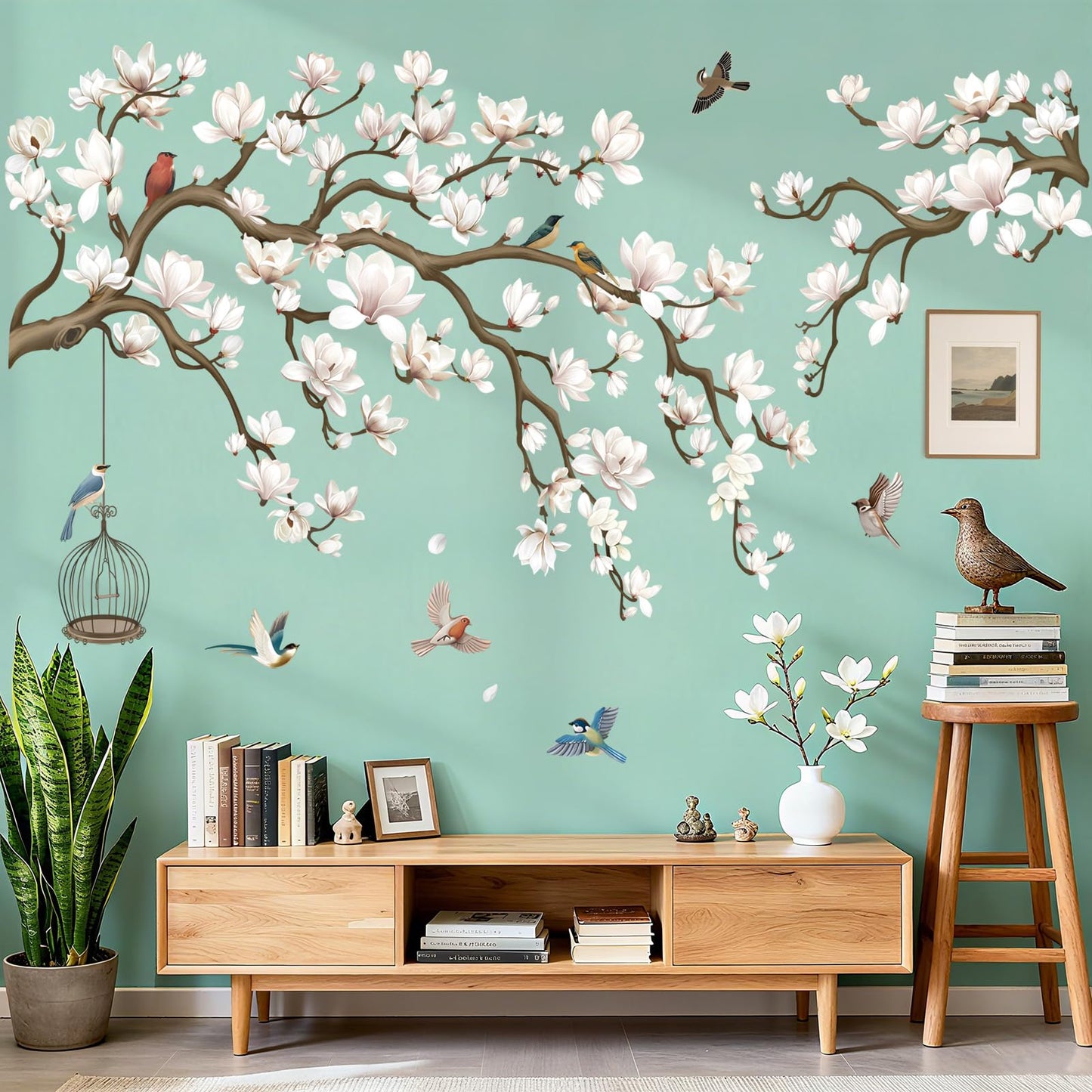 wondever Magnolia Flowers Tree Branch Wall Stickers White Floral Birds Peel and Stick Wall Art Decals for Living Room Bedroom Sofa