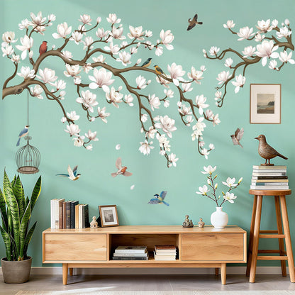 wondever Magnolia Flowers Tree Branch Wall Stickers White Floral Birds Peel and Stick Wall Art Decals for Living Room Bedroom Sofa