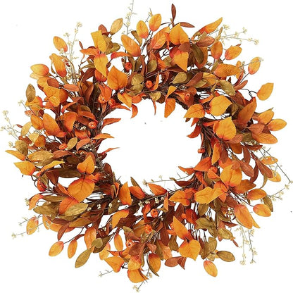 Sggvecsy Artificial Fall Wreath 21’’ Autumn Front Door Wreath with Fall Leaves Small Pumpkins Cluster of Berries for Outside Indoor Wall Window Festival Thanksgiving Fall Harvest Autumn Decor