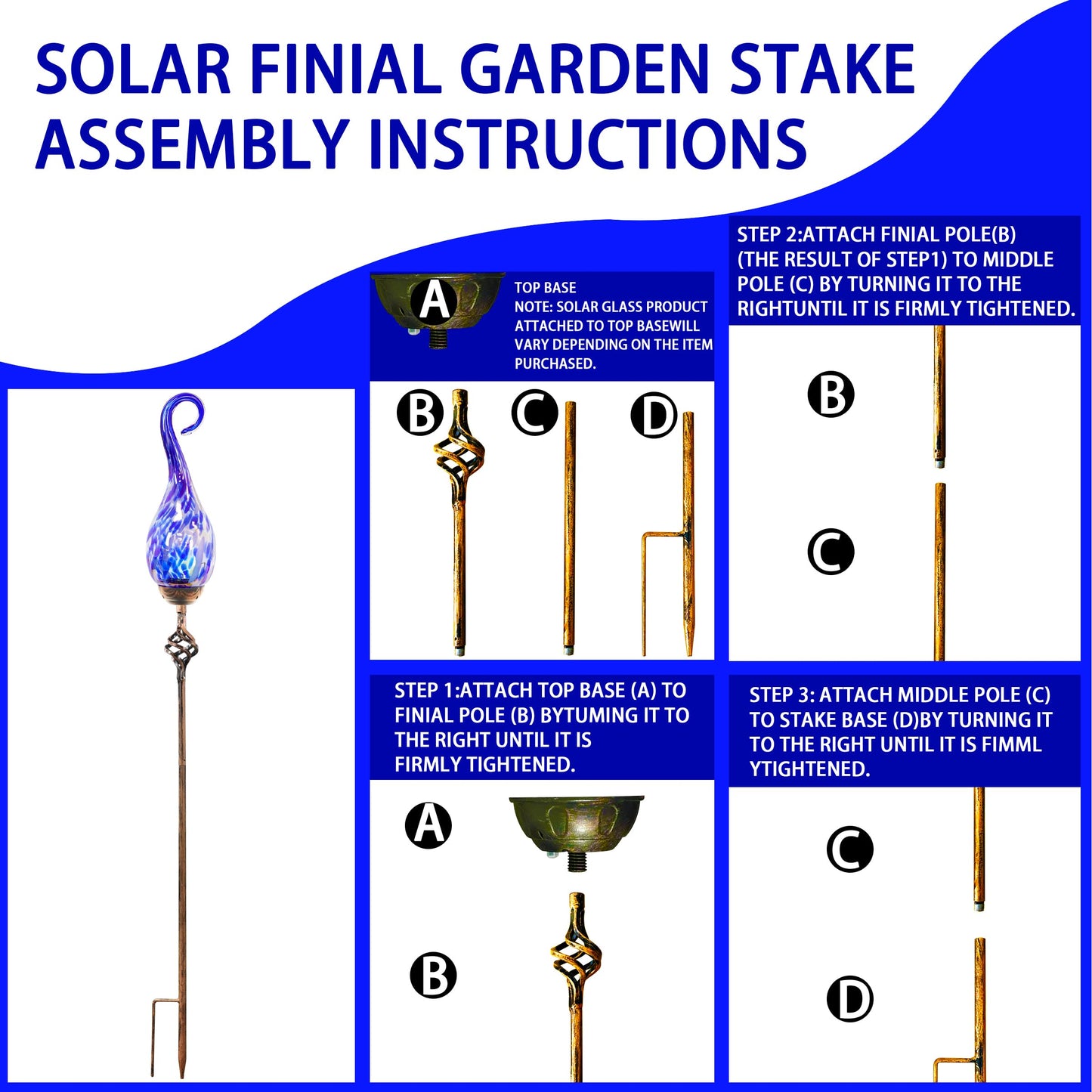 Naboher Garden Solar Lights Outdoor, Decorative LED Pearlized Glass Spiral Garden Stake with Finial, Hand Blown Glass and Metal Outdoor Decoration, 3 x 36 Inch (Dark Blue)