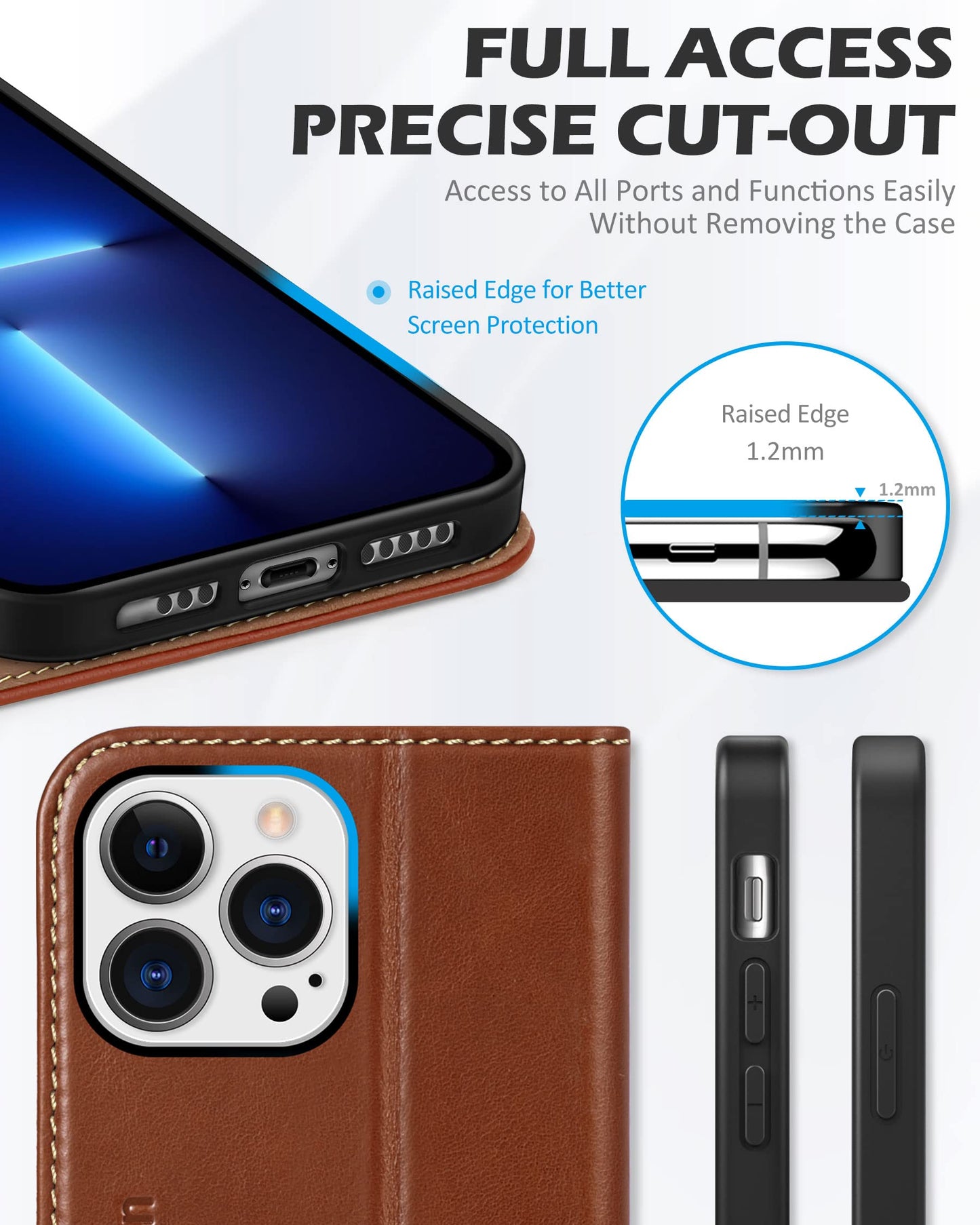SHIELDON Case for iPhone 13 Pro 5G, Genuine Leather Folio Wallet Magnetic Shock Absorbing Case RFID Blocking Credit Card Holder Kickstand Compatible with iPhone 13 Pro 6.1" - Retro Brown