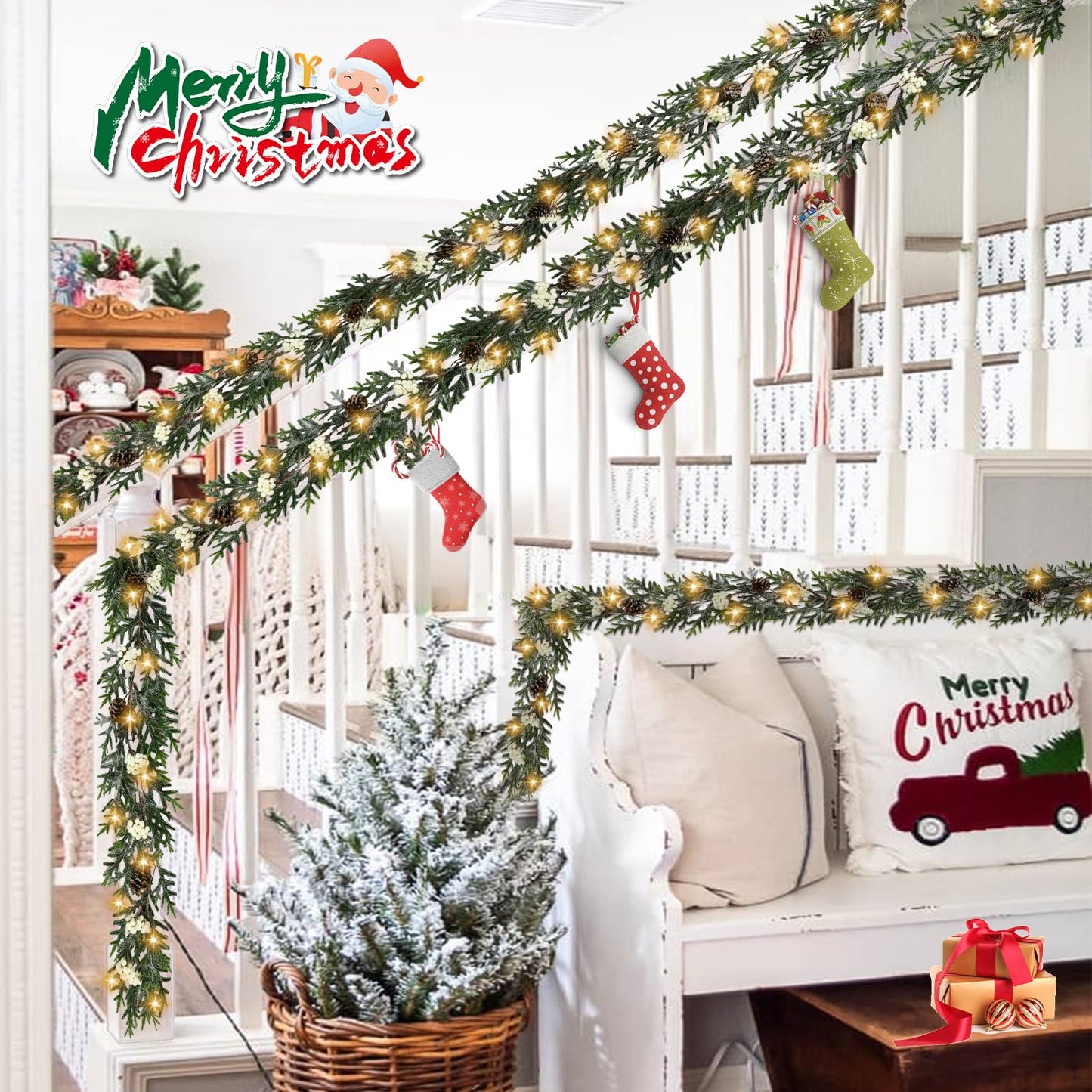 6FT Christmas Garland with Lights, Christmas Decorations Indoor Outdoor Pre-lit Artificial Pine Garland with Battery Operated Timer, Home Holiday Decor Flocked Garland for Mantel Window Stairs Wall
