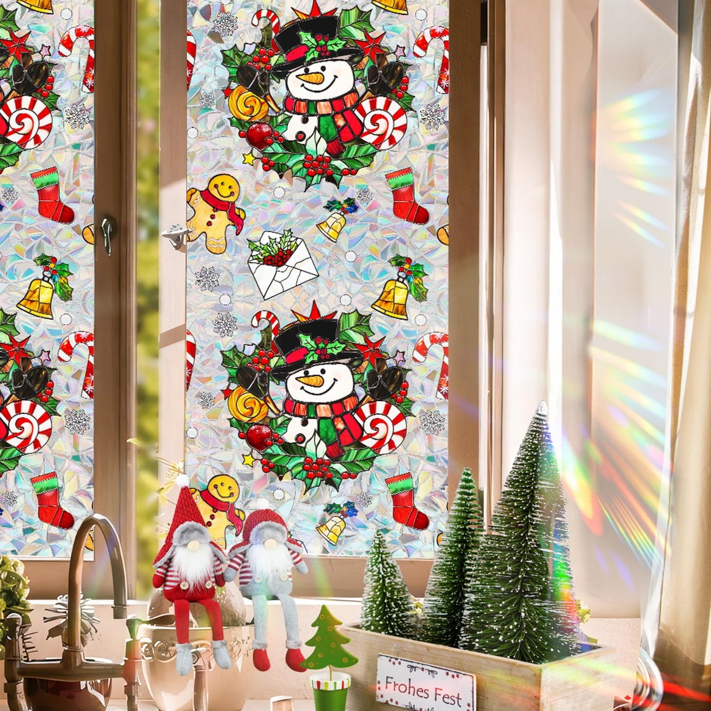 Christmas Window Film Decorative Snowman Gingerbread Man Xmas Red Berry Designs Stained Static Glass Window Clings Stickers for Home Office Living Room Bedroom Glass Windows Door Decor 17x 39.3 Inch