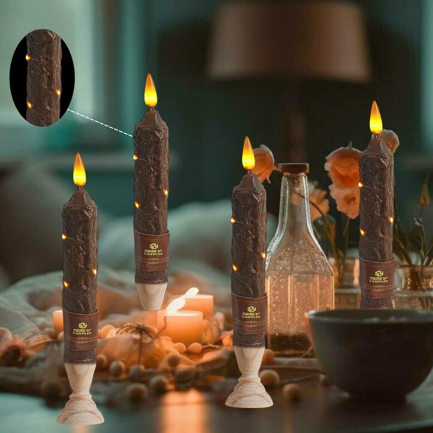XINAOBAOLUO 6.5 inch Flameless Brown Taper Candles Flickering with 10-Key Remote, Battery Operated Led Warm 3D Wick Light Window Candles Real Wax Pack of 4, Christmas Home Wedding Decor