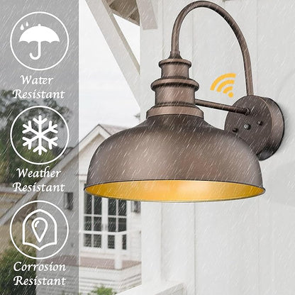 Bestshared 14 Inch Dusk to Dawn Gooseneck Barn Lights Farmhouse Outdoor Wall Sconce Industrial Exterior Wall Lighting Fixture Vintage Porch Lantern Lamp for Patio,Garage,Front Door(ORB+Gold,14"-1Pack)