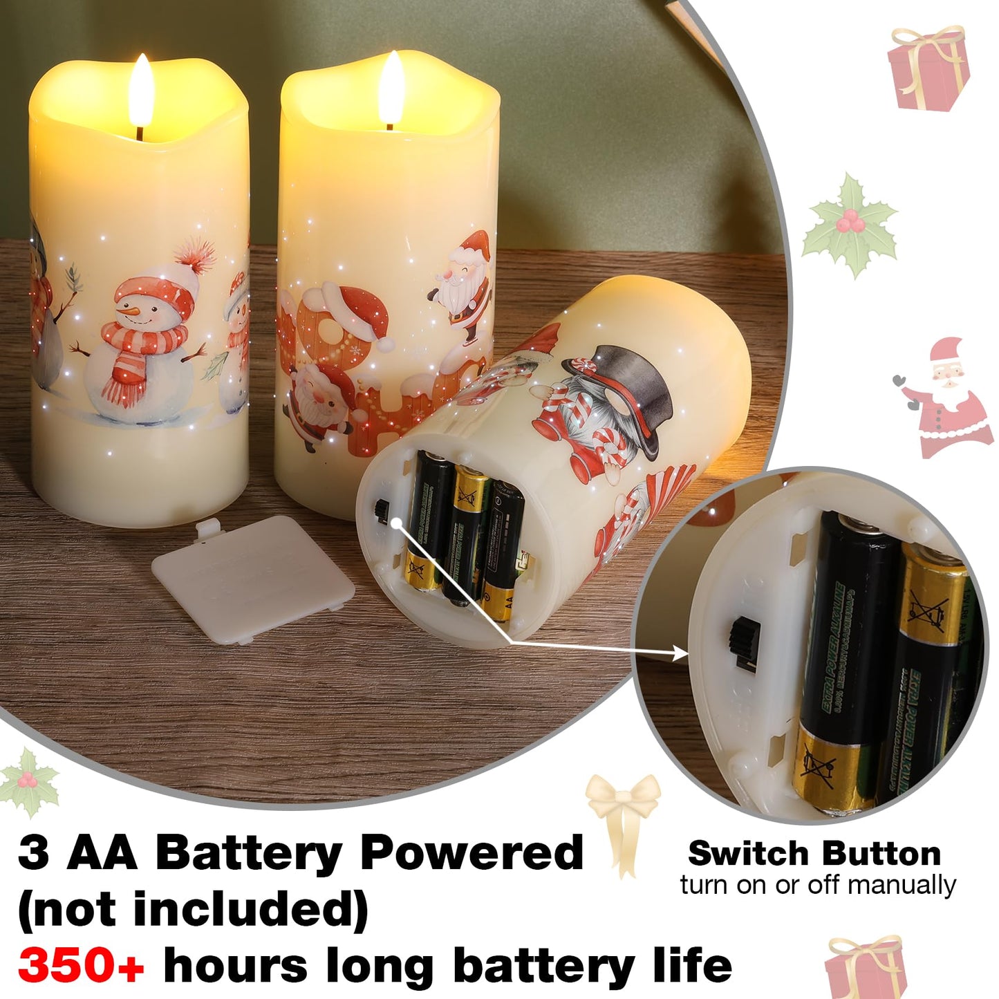 Eywamage Christmas Fiber Optic Flameless Pillar Candles with Remote, Santa Snowman Gnomes LED Battery Candles Holiday Winter Decor Set of 3