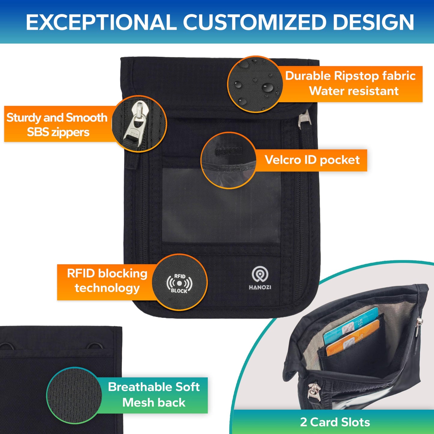 HANOZI Neck Wallet – Travel Pouch and RFID Blocking Passport Holder for Women and Men, Slim Travel Wallet (Black V2)