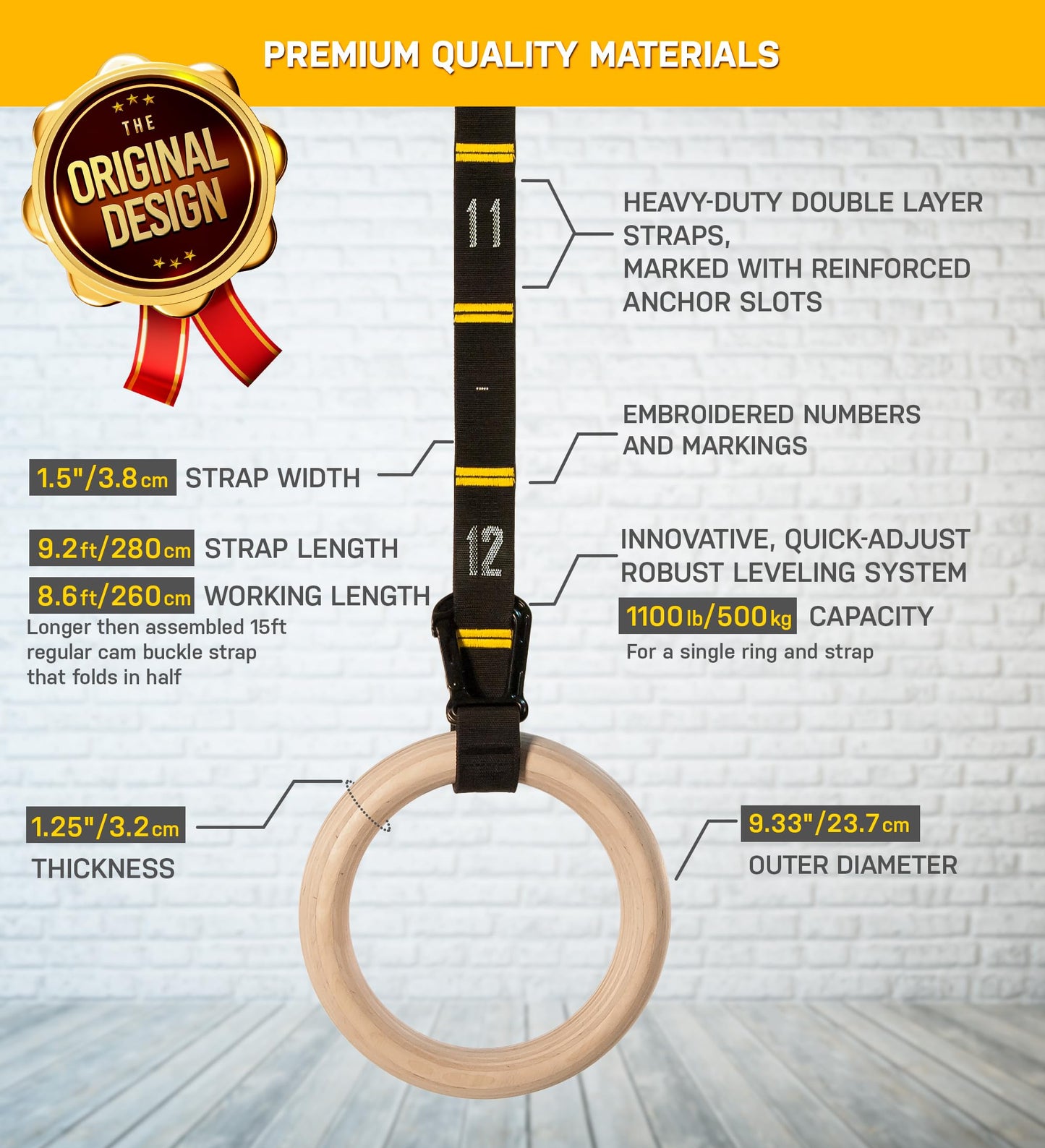 Double Circle Gymnastics Rings with Quick Adjust Numbered Straps and Exercise Videos Guide - Full Body Gym Rings - Calisthenics Rings Wooden Rings (Rings & Straps + Door Anchor + Foot Straps)