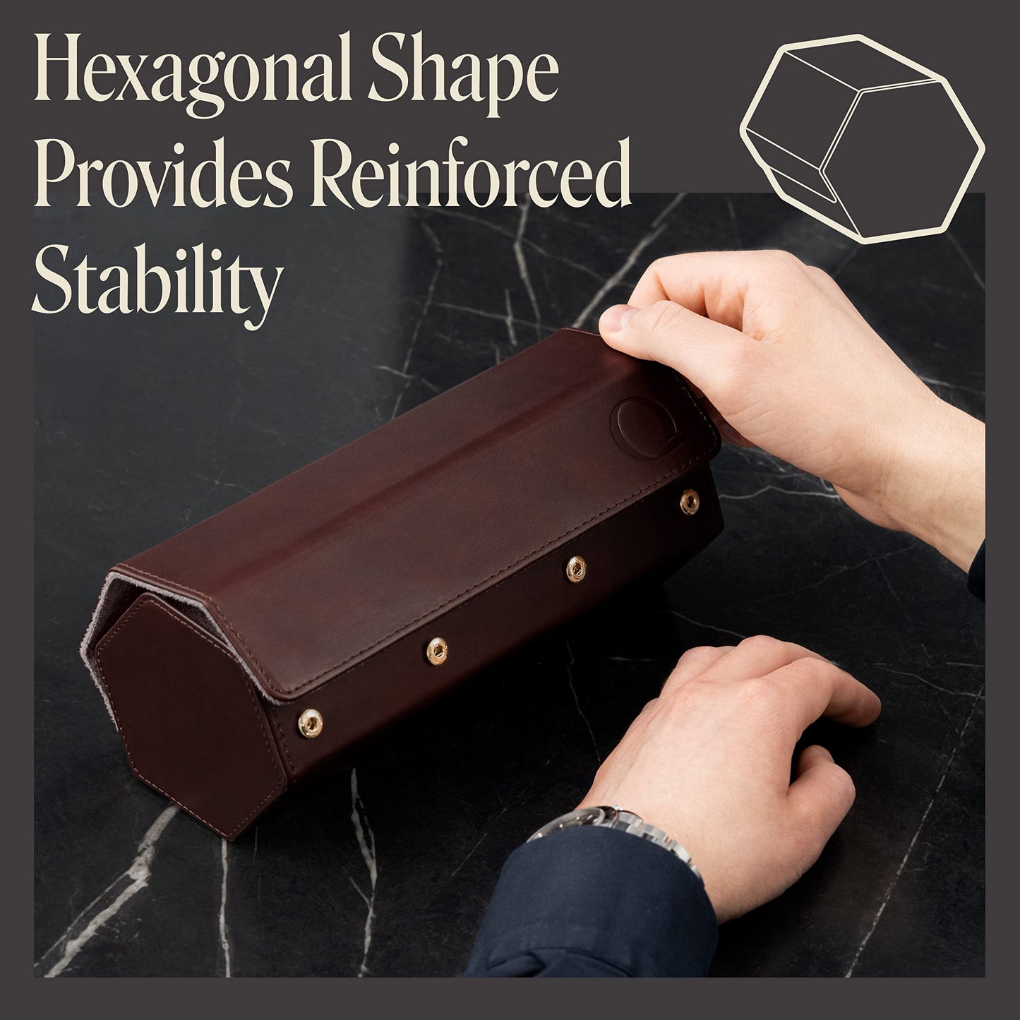 QWATCHBANDS Napa Leather Watch Rolls for Men - Hexagon Triple Watch Roll Travel Case for 3 Watches - Storage Organizer Genuine Leather with Velvet Interior Display (Brown/Gray)