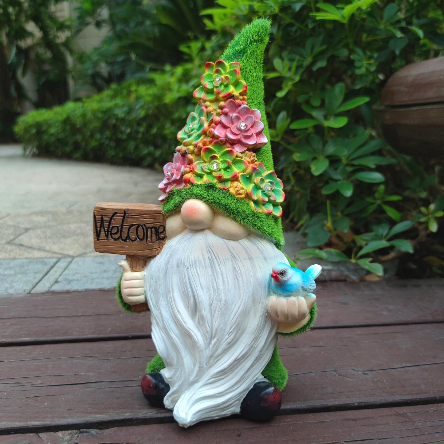 VIOYOUNS Solar Gnomes Garden Statues,Resin Gnome Figurine Holding Welcome Card and Bird with Solar Lights, Outdoor Gnomes Decorations for Yard Patio Lawn Porch, Garden Gifts
