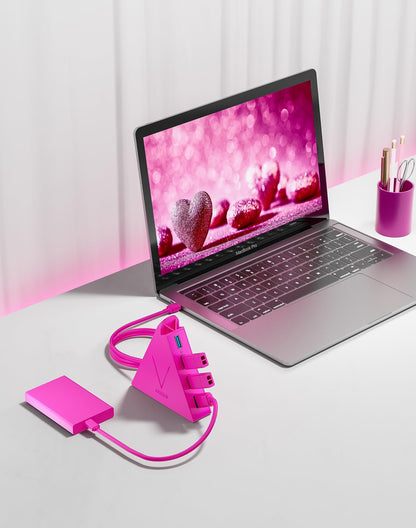 4-Port USB 3.0 Hub, FlyingVHUB Vertical Data USB Hub with 2 ft Extended Cable, for Mac, PC, Xbox One, PS4, PS5, iMac, Surface Pro, XPS, Laptop, Desktop, Flash Drive, Mobile HDD(Pink)