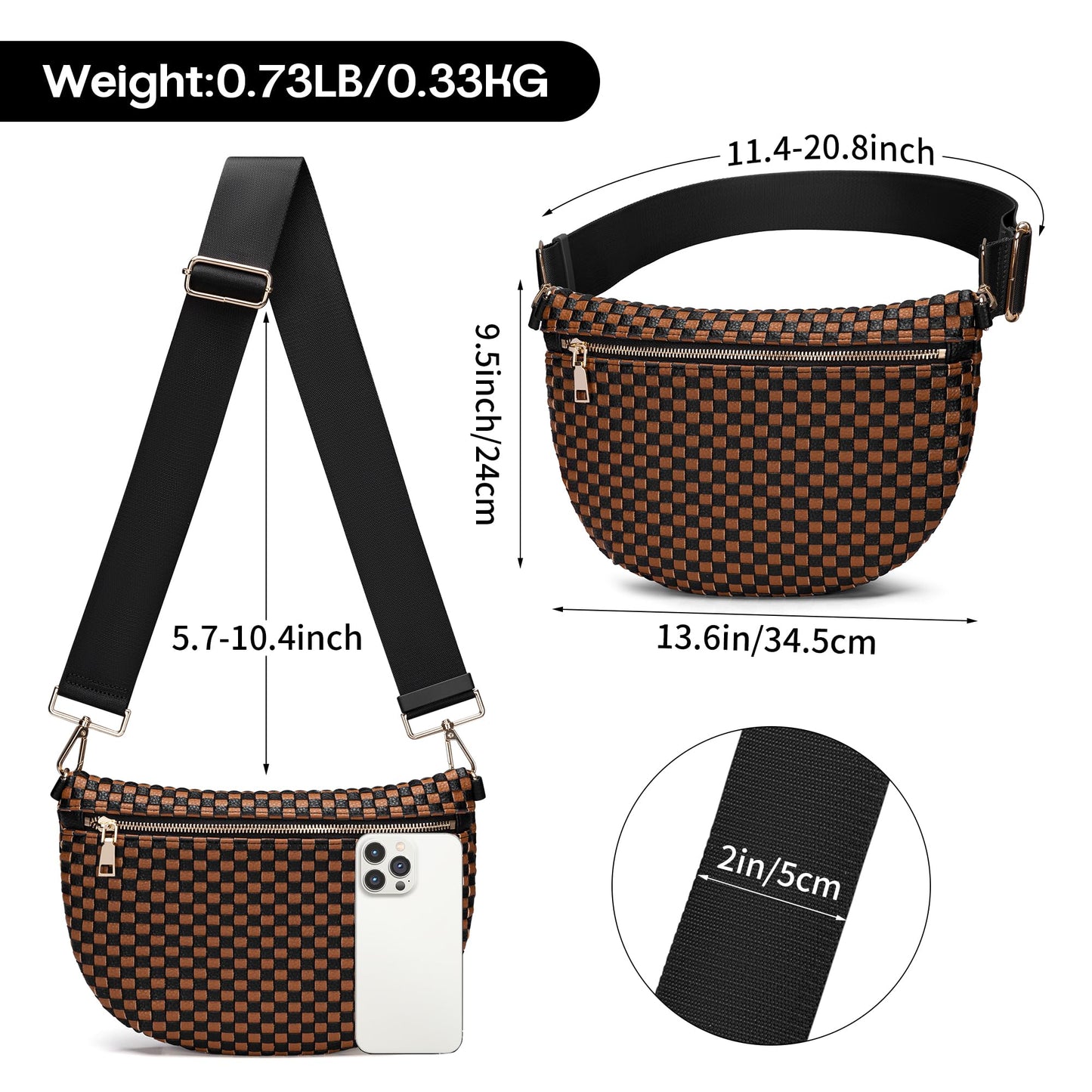 AMZFROG Woven Crossbody Bag for Women Stylish Casual Oversized Bum Bag Sling Purses Vegan Leather Fanny Pack Chest Bag with Adjustable Strap for Outdoor Travel Black-Brown