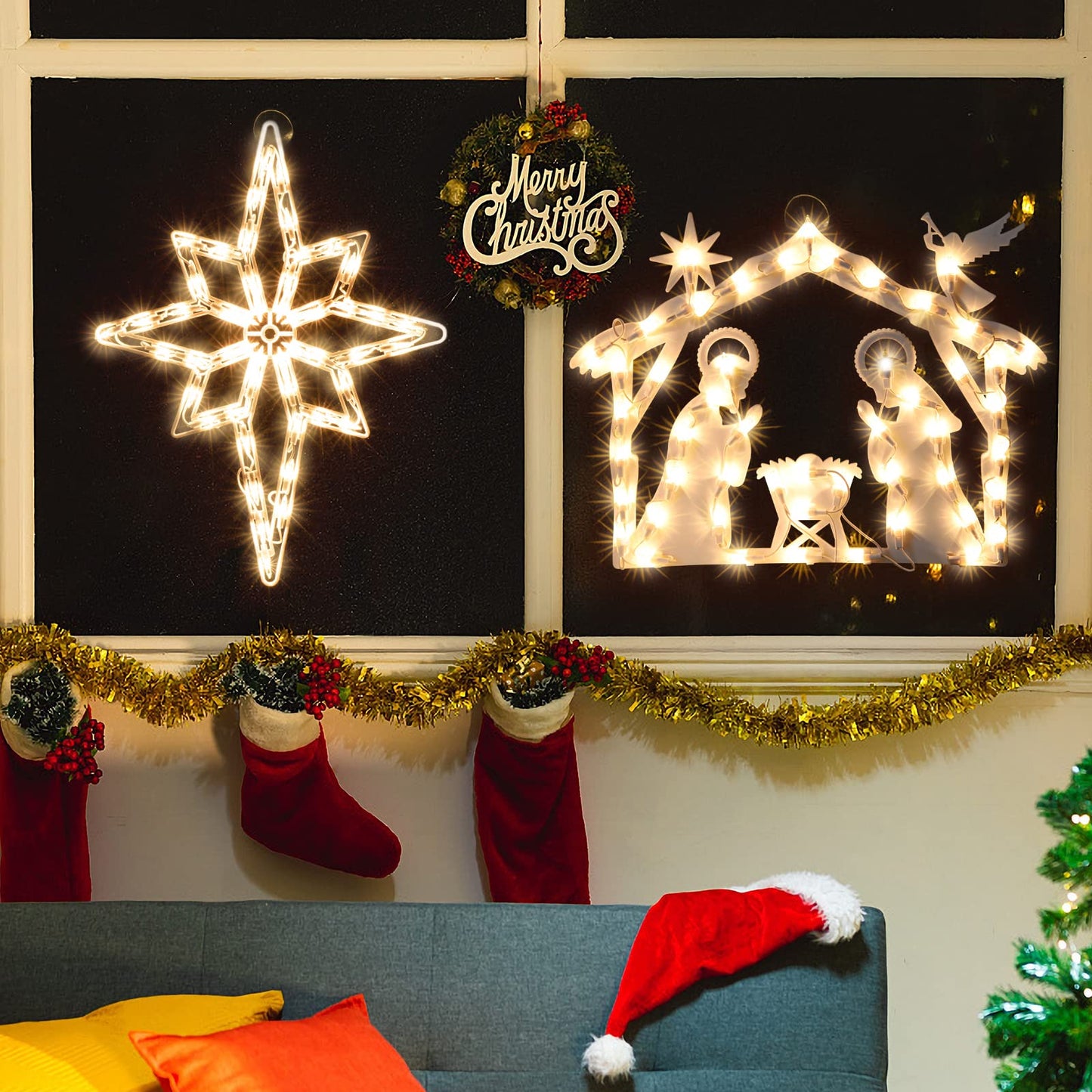 Xmasnova 2 Pack Christmas Window Lighted Decorations,Christmas Window Silhouette Lights,Double Side Christmas Sign Lamp Decoration for Holiday Indoor Wall Door Glass Decorations,Polaris,Nativity