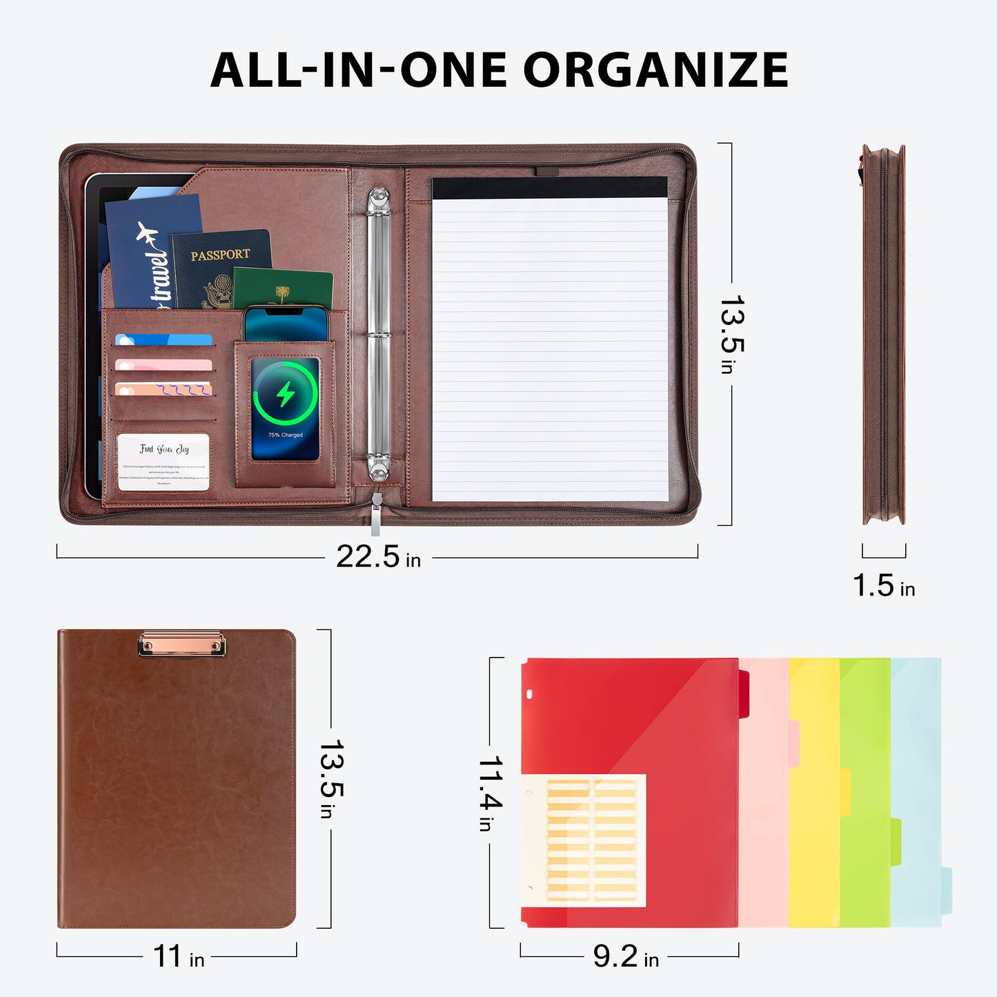 Ospelelf Zippered Padfolio Organizer, Faux Leather 3 Ring Binder with Clipboard, Letter Size Business Portfolio with Notepad, Tablet Sleeve & Phone Pockets for Office Work Brown