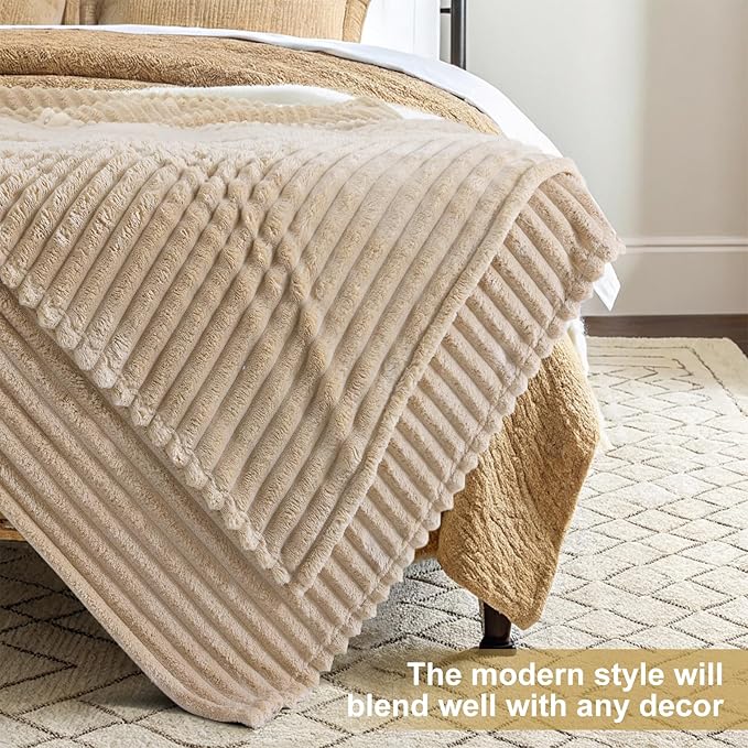 decorUhome Soft Fleece Light Brown Blanket King Size for Bed, Cozy Fluffy Plush Flannel Large Striped Throws for Couch Sofa, Lightweight Decorative Fuzzy Blanket for Woman, 108x90 Inches