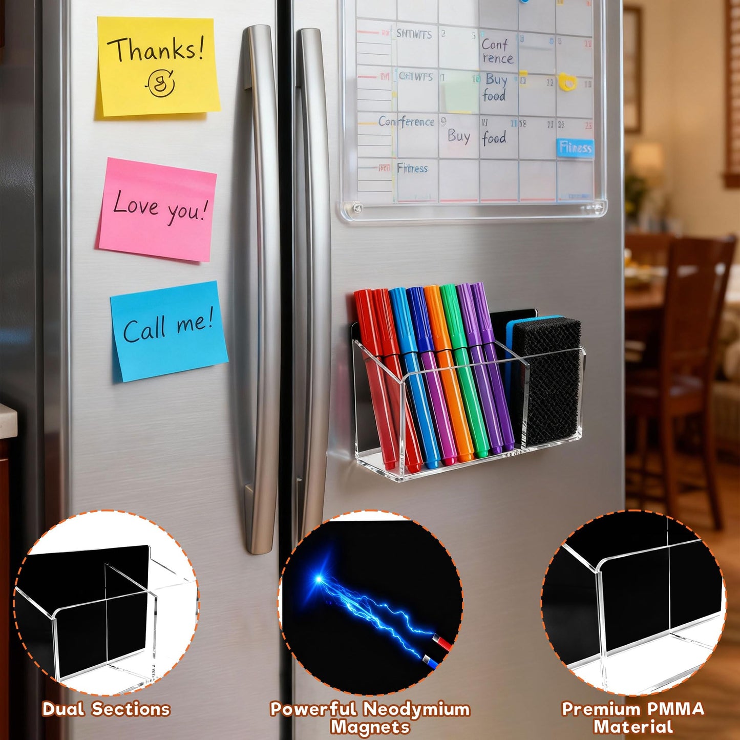 HeCuPMMA Magnetic Dry Erase Marker Holder - Non-Slip Acrylic Pen Organizer with Powerful Magnets for Whiteboard, Refrigerator, Office Desk, Classroom Supplies & Home Organization-Clear