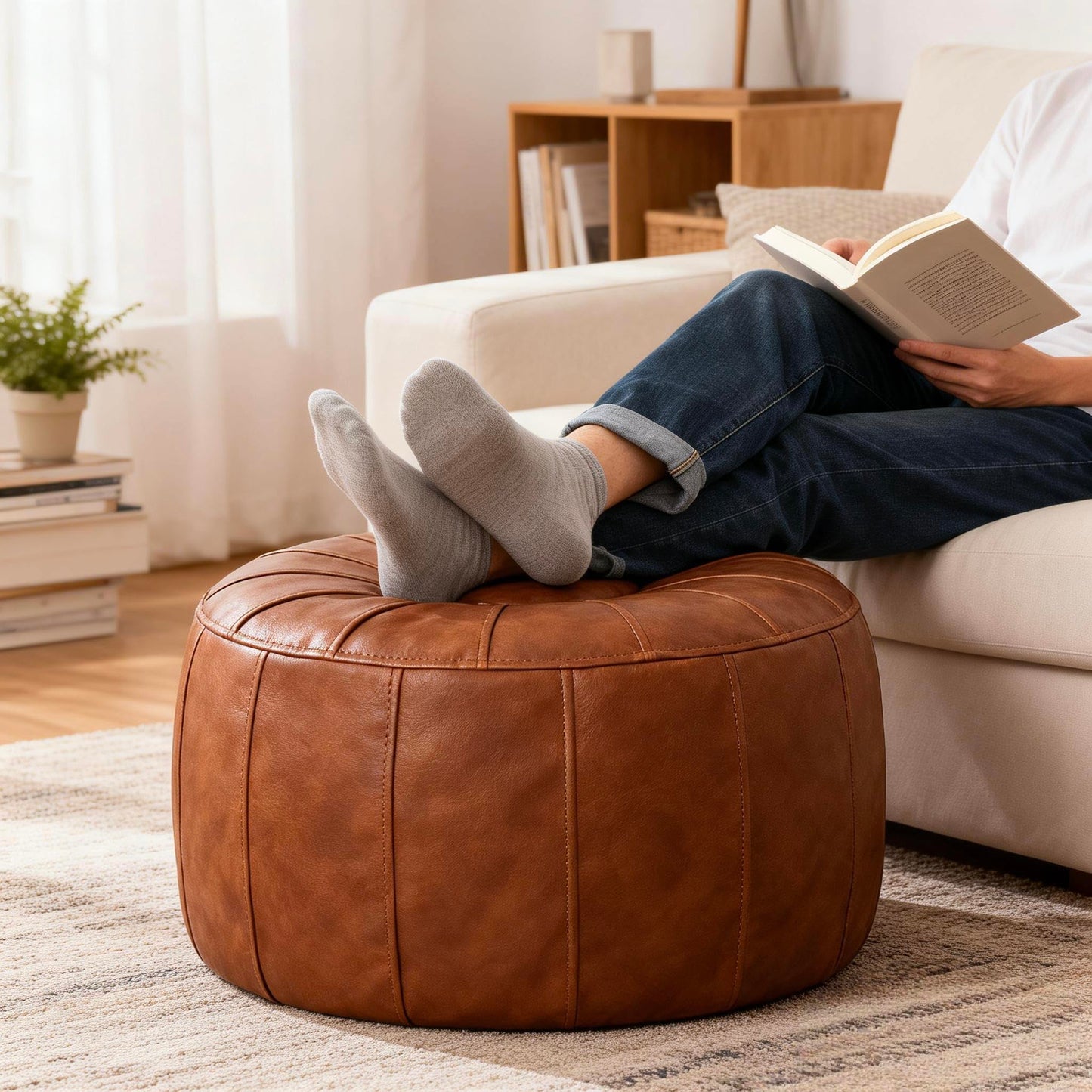 Thgonwid Unstuffed Moroccan Storage Pouf Foot Stool Ottoman Seat Handmade Faux Leather Bean Bag Floor Chair Foot Rest for Living Room, Bedroom or Balcony (Light Brown)
