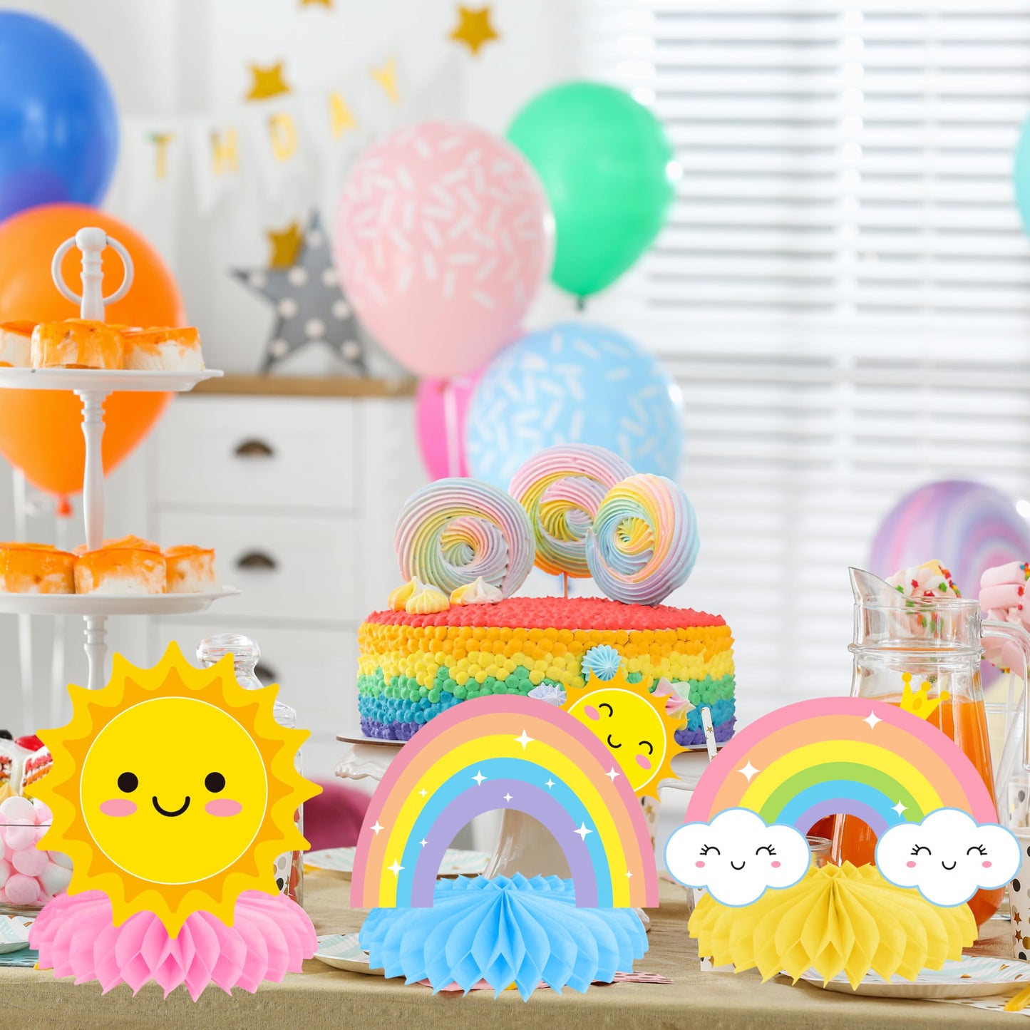 Rainbow Party Honeycomb Centerpieces Rainbow Birthday Party Decorations Cloud Sun Star Rainbow Theme Party Centerpiece Decoration for Rainbow Birthday Party Baby Shower Supplies