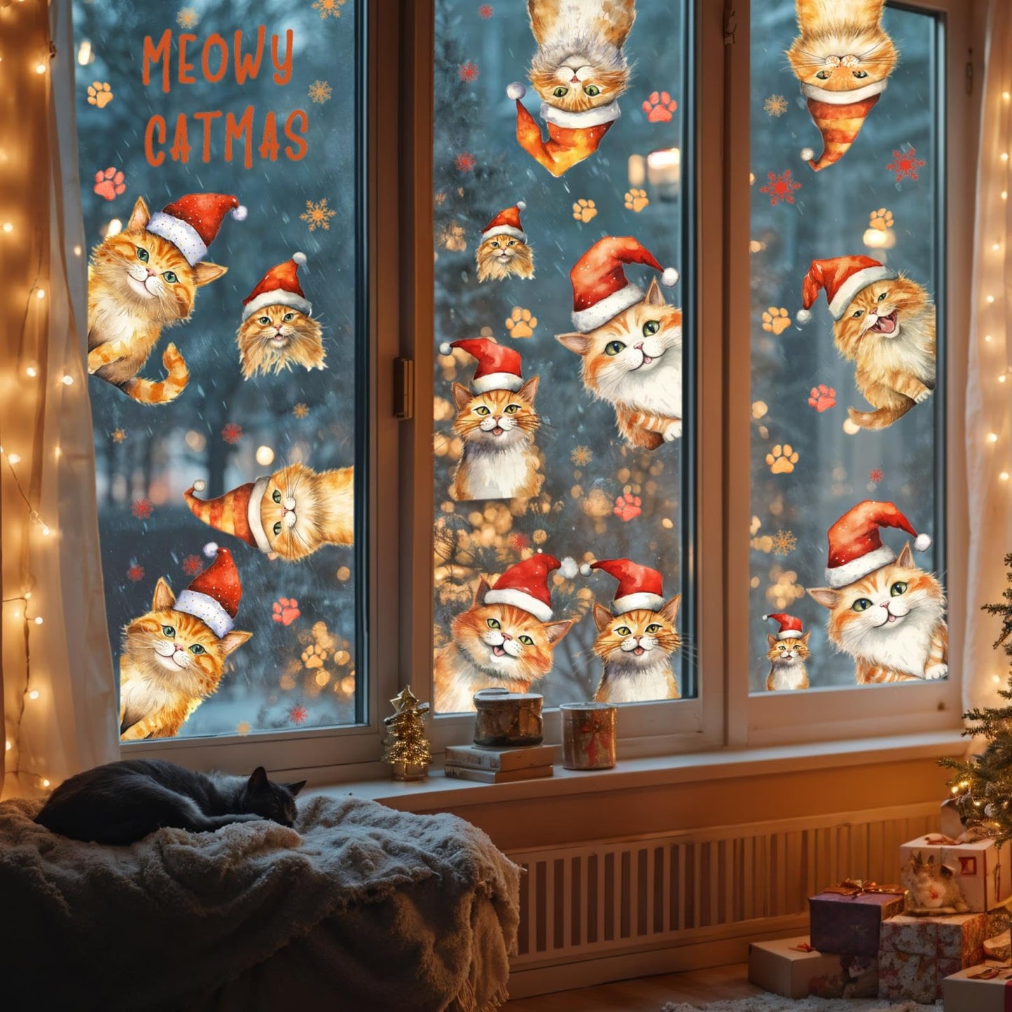 Christmas Window Clings Decoration Indoor Xmas Cat Stickers Double-Sided Merry Christmas Window Decals for Glass Windows Xmas Snowflake Decals for Winter Holiday Kids Bedroom Home Party Supplies