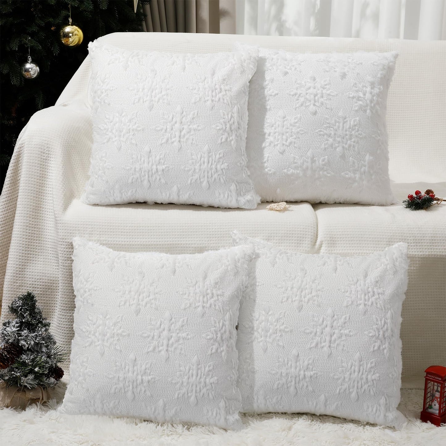 Tudomro 4 Pcs Snowflake Throw Pillow Covers White Winter Pillowcase 3D Embroidered Soft Plush Faux Fur Pillow Covers Winter Modern Home Decorative for Sofa Couch Bed(20 x 20 Inches)