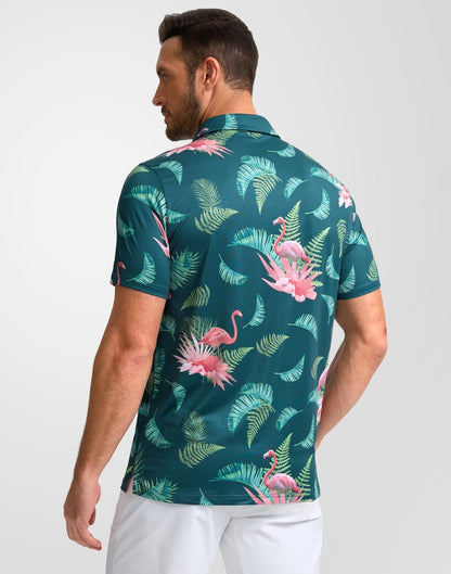 Obla Mens Golf Polo Shirts Short Sleeve Dry Fit Performance Moisture Wicking Casual Print Collared Golf Shirts for Men(Green Flamingo_S)
