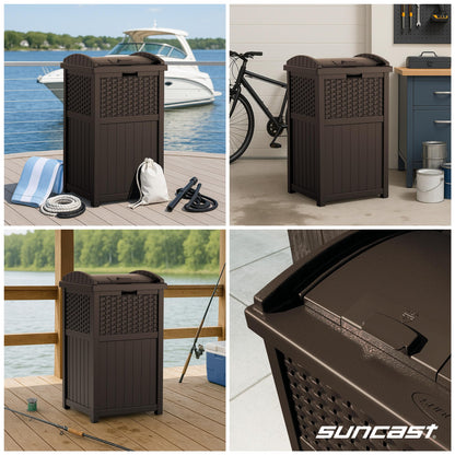 Suncast 33 Gallon Commercial Outdoor Trashcan Hideaway with Lid for 30 to 33 Gallon Trash Bags for Garage, Backyard, or Garden, Brown