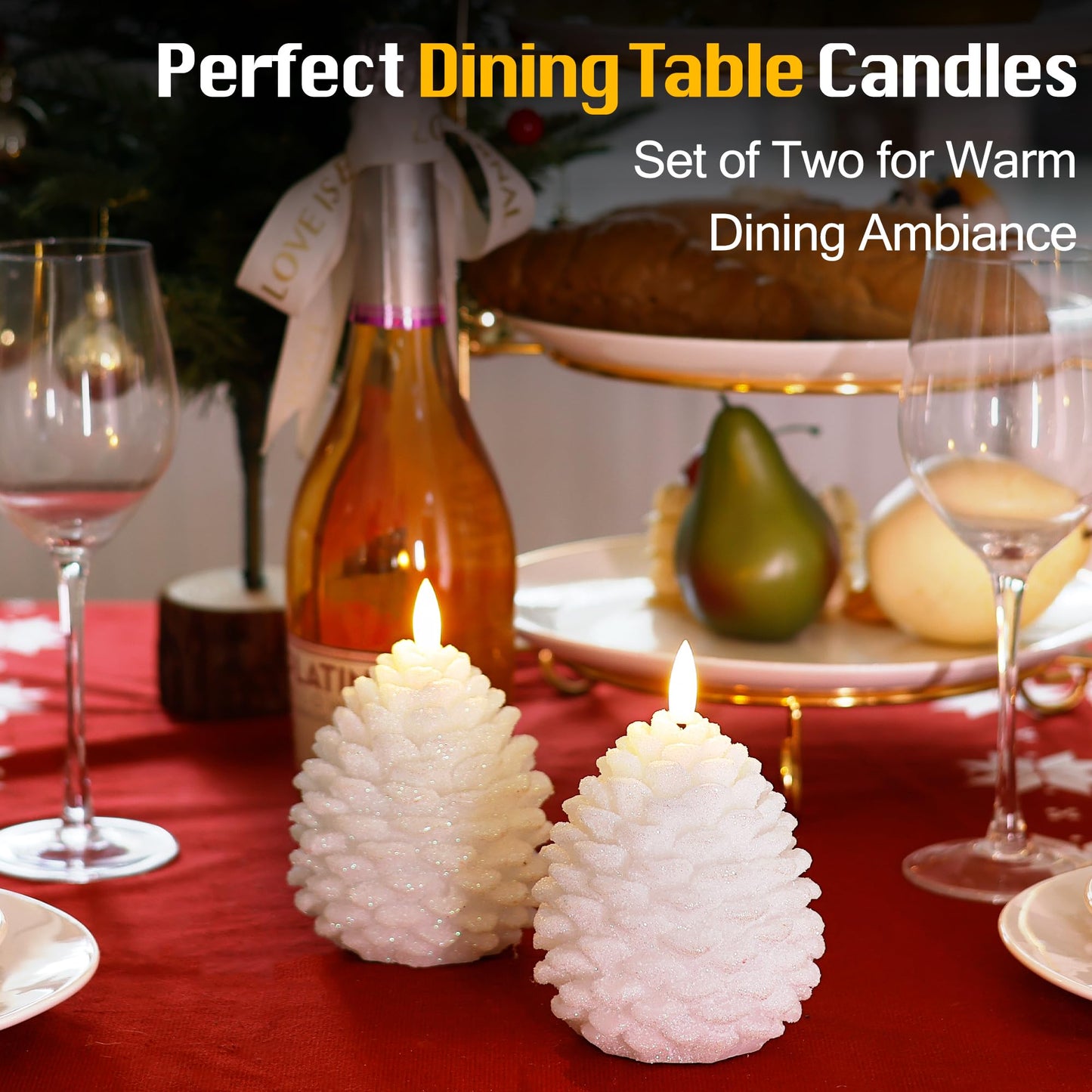 Christmas Flameless Pine Cone Candles with Remote Timer, Battery Operated Flickering Candles, LED Real Wax Pinecone for Christmas Home Decoration, Set of 2, White with Glass Bead Powder (5.5" X 4.1")