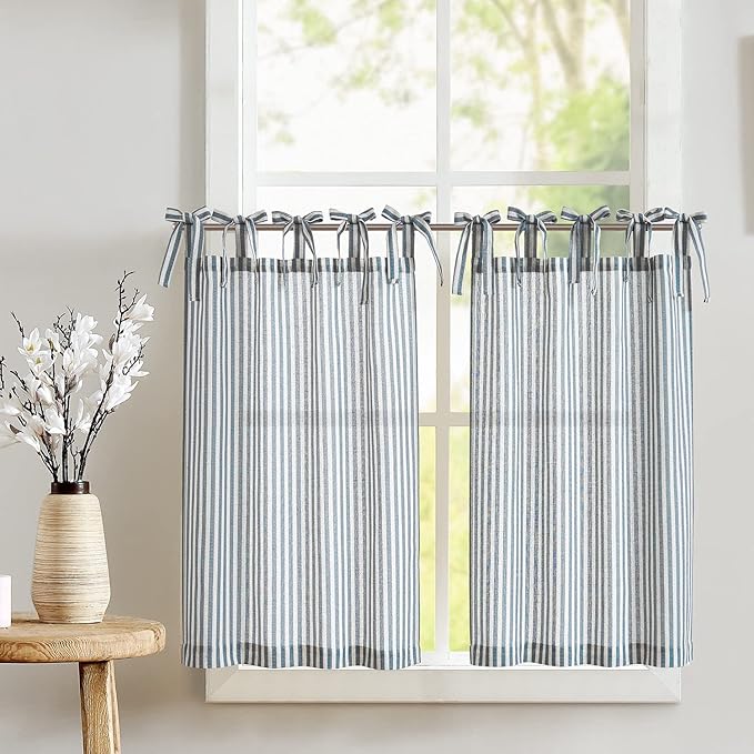 jinchan Tie Top Linen Kitchen Curtains 36 Inches Striped Tier Curtains Farmhouse Modern Cafe Style Small Window Treatments Airy Light Filtering Rod Pocket for Living Room Bathroom 2 Panels Blue