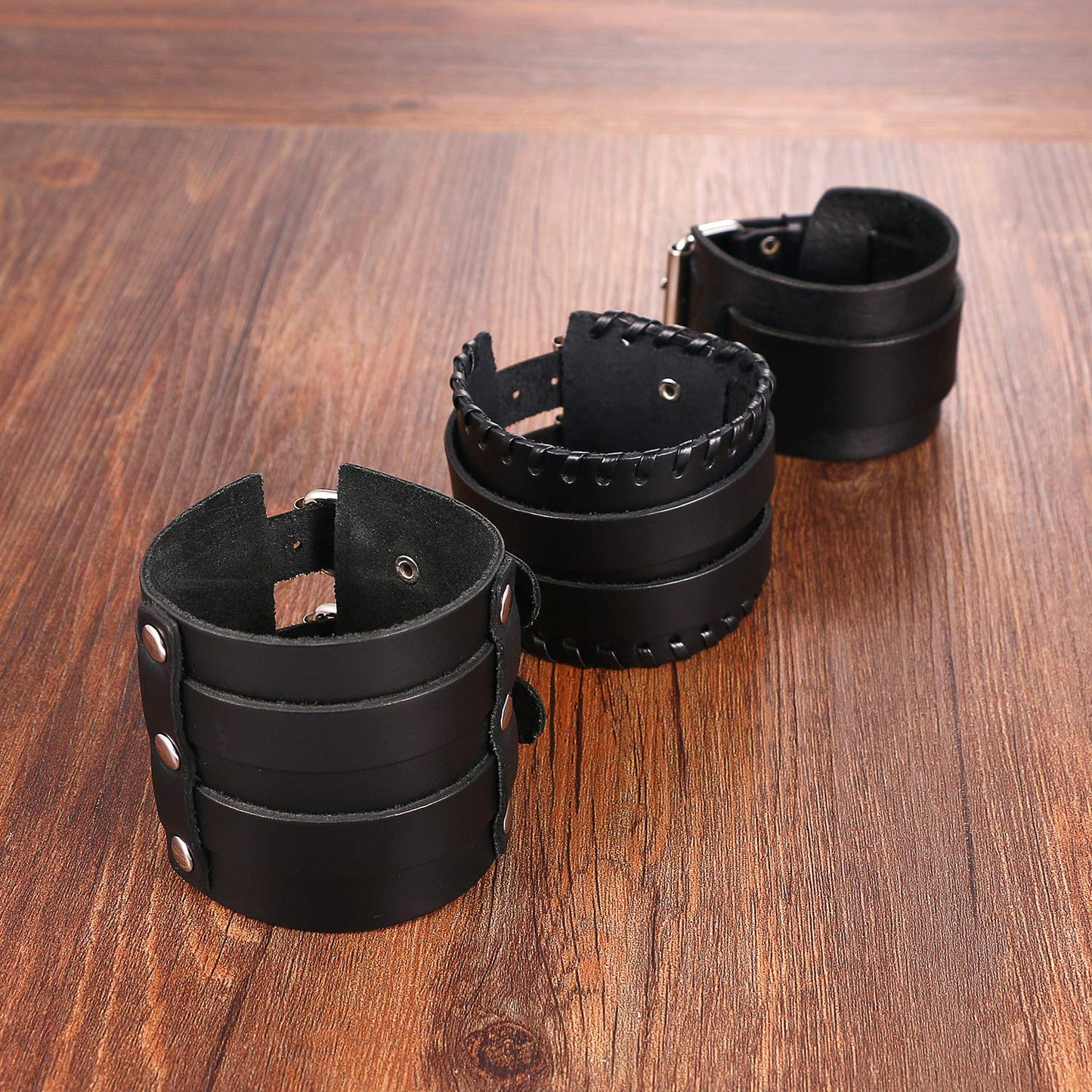 Cupimatch 3 Pcs Black Adjustable Leather Bracelet, Punk Rock Wide Leather Belt Cuff Bangle Wristband for Men for Father's Day