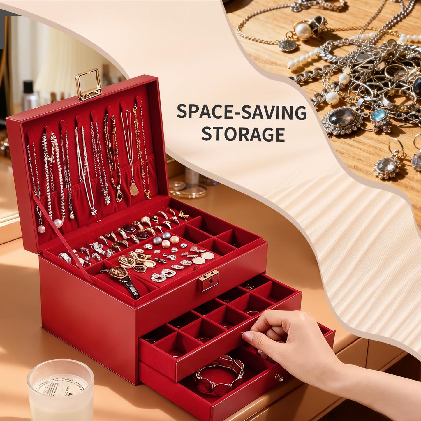 Greenfeather Jewelry Boxes for Women, Jewelry Organizer Box with Lid 3 Layers for Necklaces Rings Earrings and Bracelets Box to Store Jewelry Red Ideal Gifts