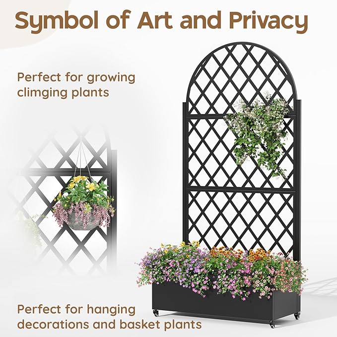 Metal Raised Garden Bed with Trellis & Wheels,72" x 35"x 15.7" Planter Box with Trellis,Privacy Planters for Patio,Garden Bed for Climbing Plants,Suitable for Climbing Plants and Vegetables,Black