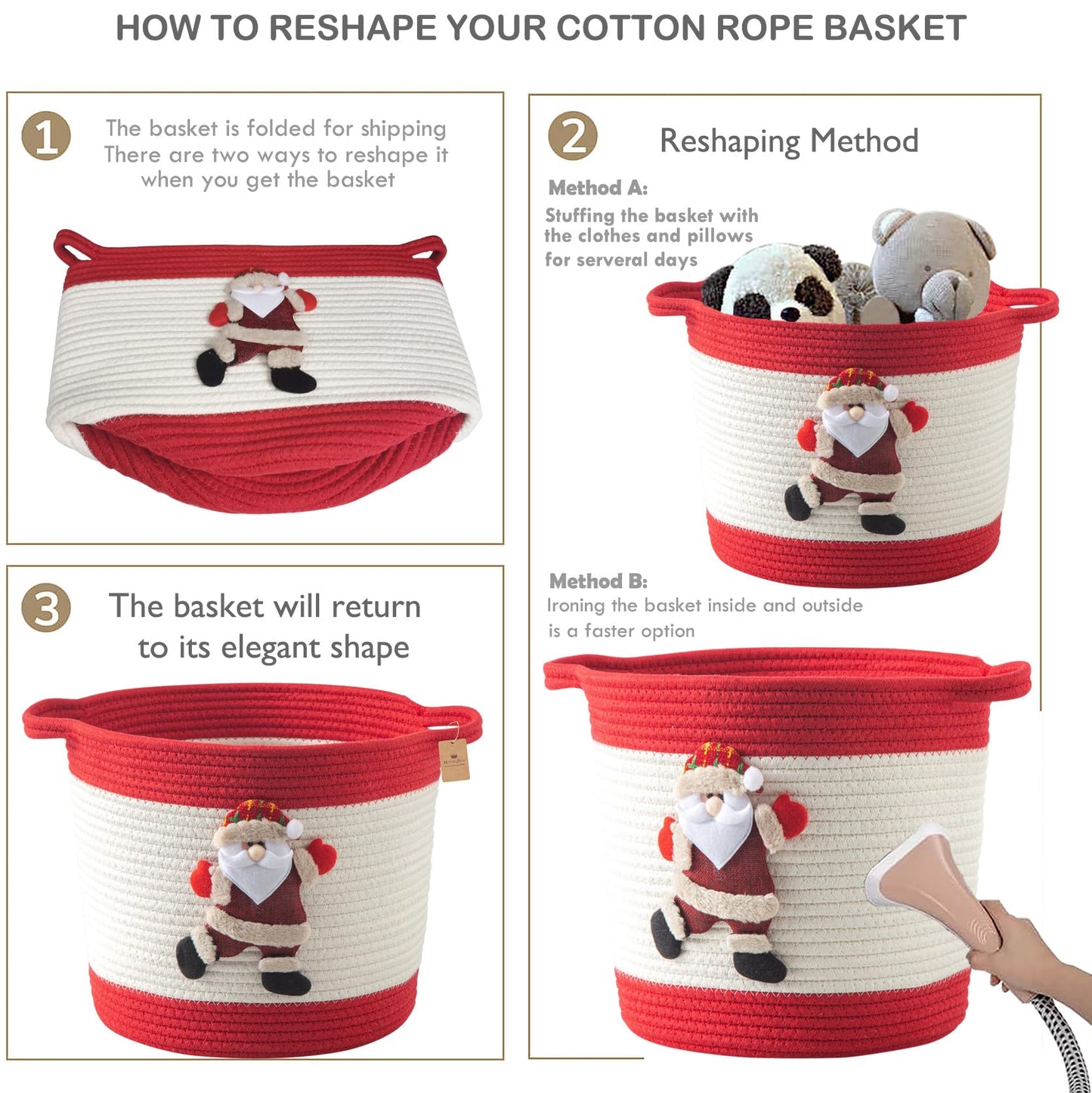 HomeyPine Christmas Basket with Santa Claus Doll, Woven Cotton Rope Christmas Storage Basket with Handles, Christmas Toy Baskets for Baby Towels, Diapers, Pet Toy Storage Basket, Red