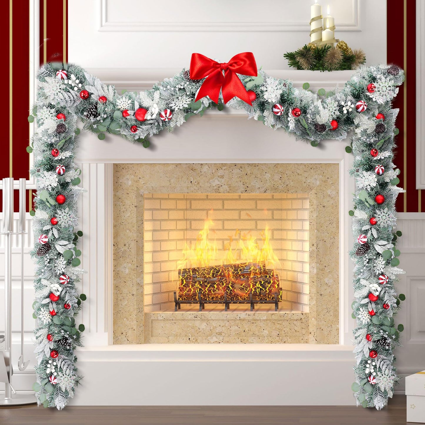 Solsew 6 Feet Snow Flocked Christmas Garland for Mantle White Garland with Silver White Balls Snowflake Pine Cones for Fireplace Table Centerpiece Front Door Staircase Decoration(Silver,Green,Red)