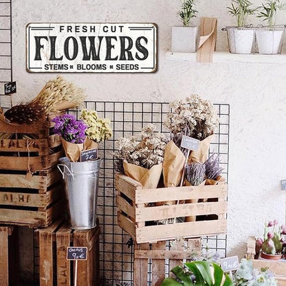 Fresh Cut Flowers Sign, Metal, 6x16 inches, Vintage Farmers Market Art, Flower Shop Wall Decor, Garden Sign