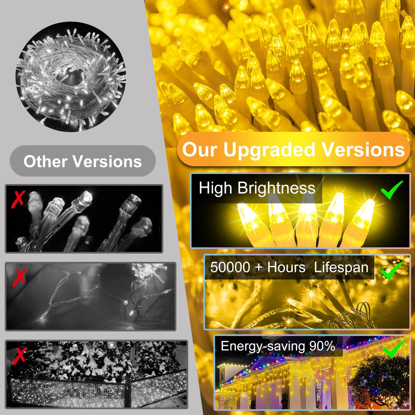 810LED 82ft Christmas Lights, 180Drops 12 Modes Warm White Christmas String Lights Outdoor Dimmable, Waterproof Christmas Decoration Fairy Lights with Timer for Indoor Eaves Party Patio Window Fence