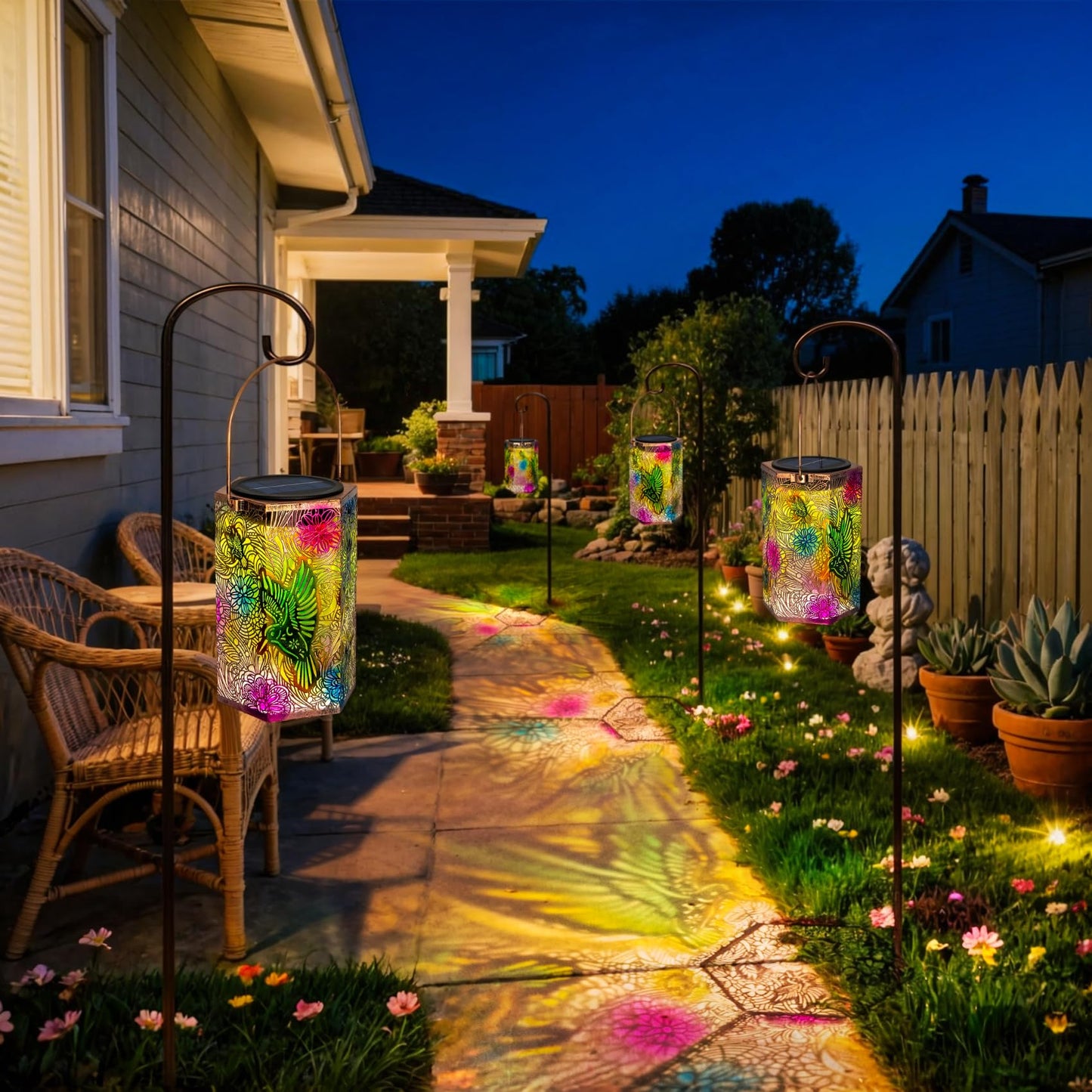 2Pack Solar Outdoor Hummingbird Lanterns Waterproof, Homeimpro Multicolor Solar Garden Lanterns, Mother's Day Christmas Garden Gifts for Mom Women, Backyard Ornaments