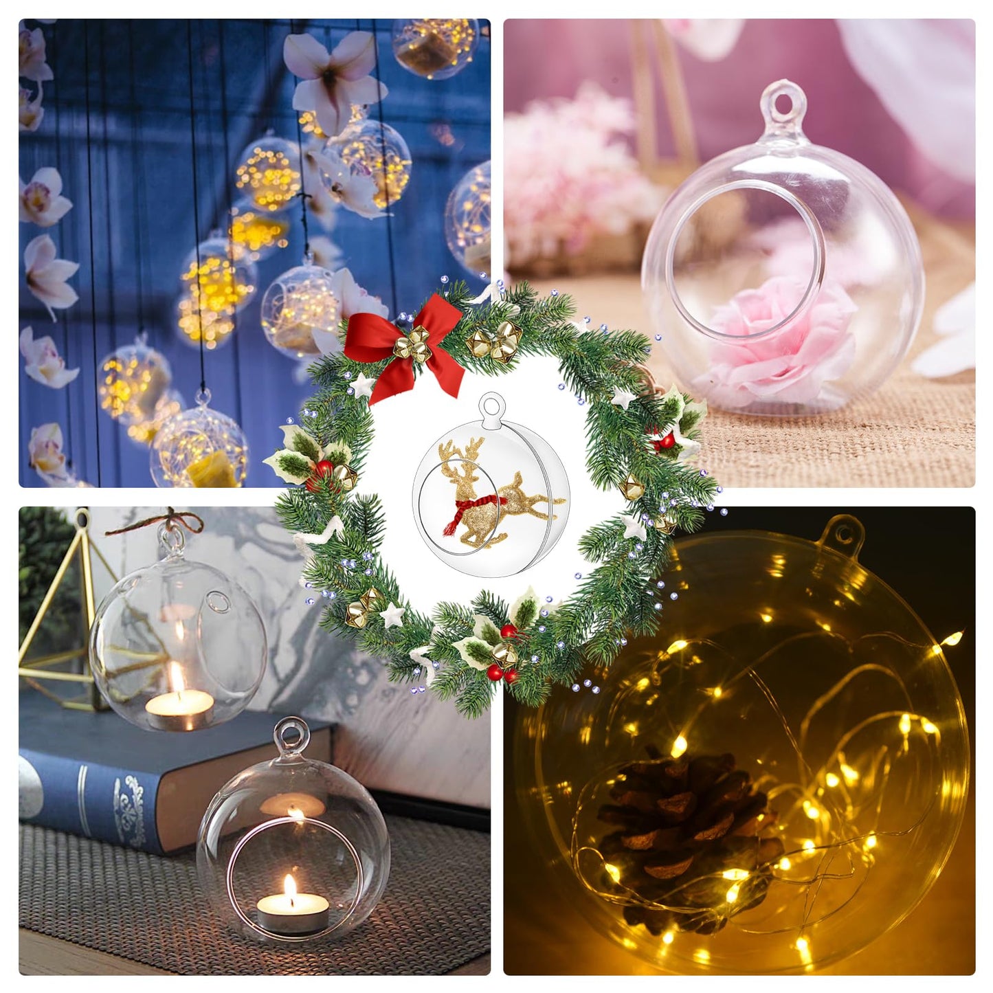 12 Pcs Hanging Globe Tealight Holders Acrylic Fillable Ball Ornaments Clear Plastic Terrarium Globe Hanging Tea Lights Candle Holder with Fishing Line for Christmas Party Wedding Centerpiece