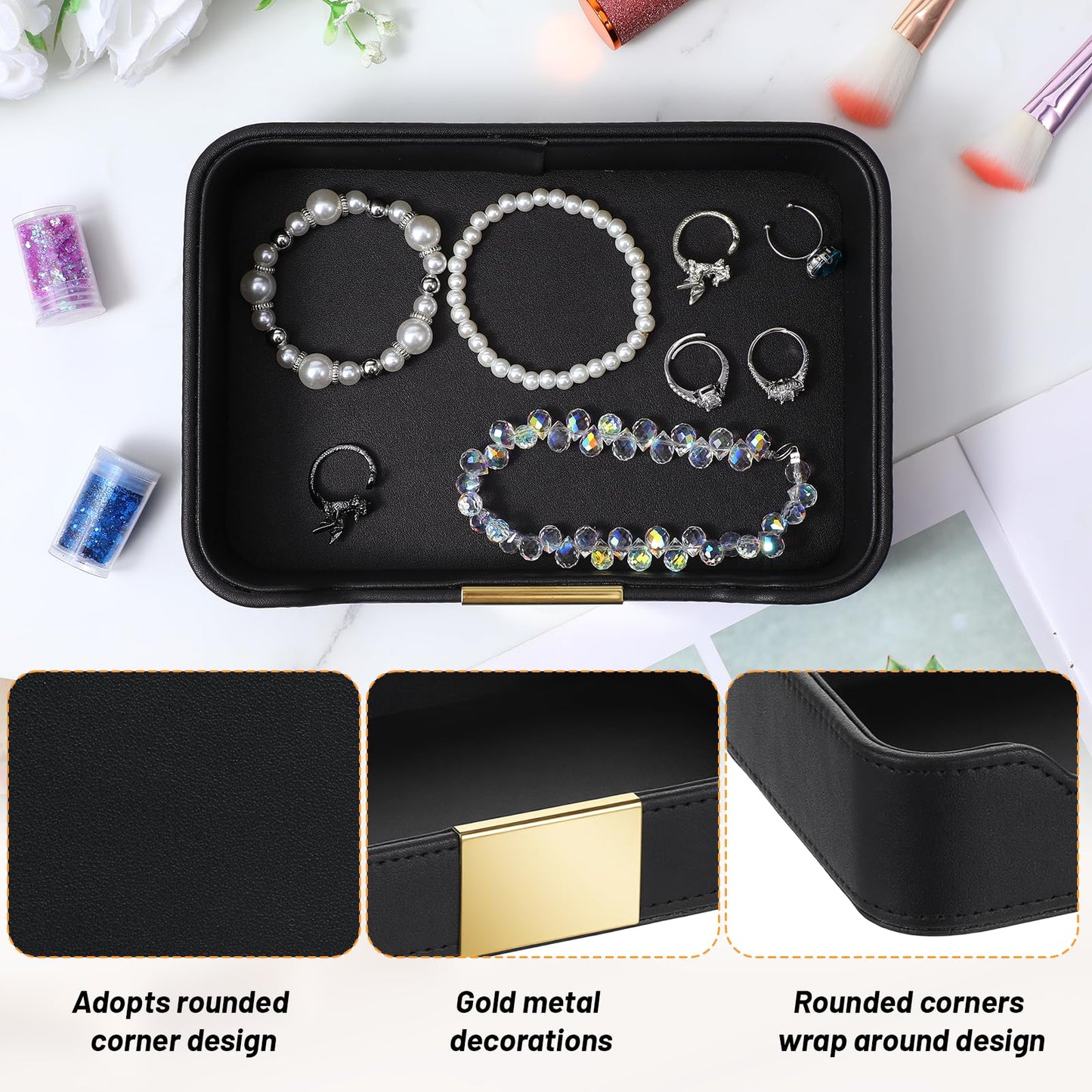 HOFURME Luxury Leather Valet Tray Desktop Storage Organizer, Bedside Vanity Catchall Tray Nightstand Caddy Holder for Cosmetic, Jewelry, Watch, Keys, Phone,Wallet, Remote Controller, Pen (Black)
