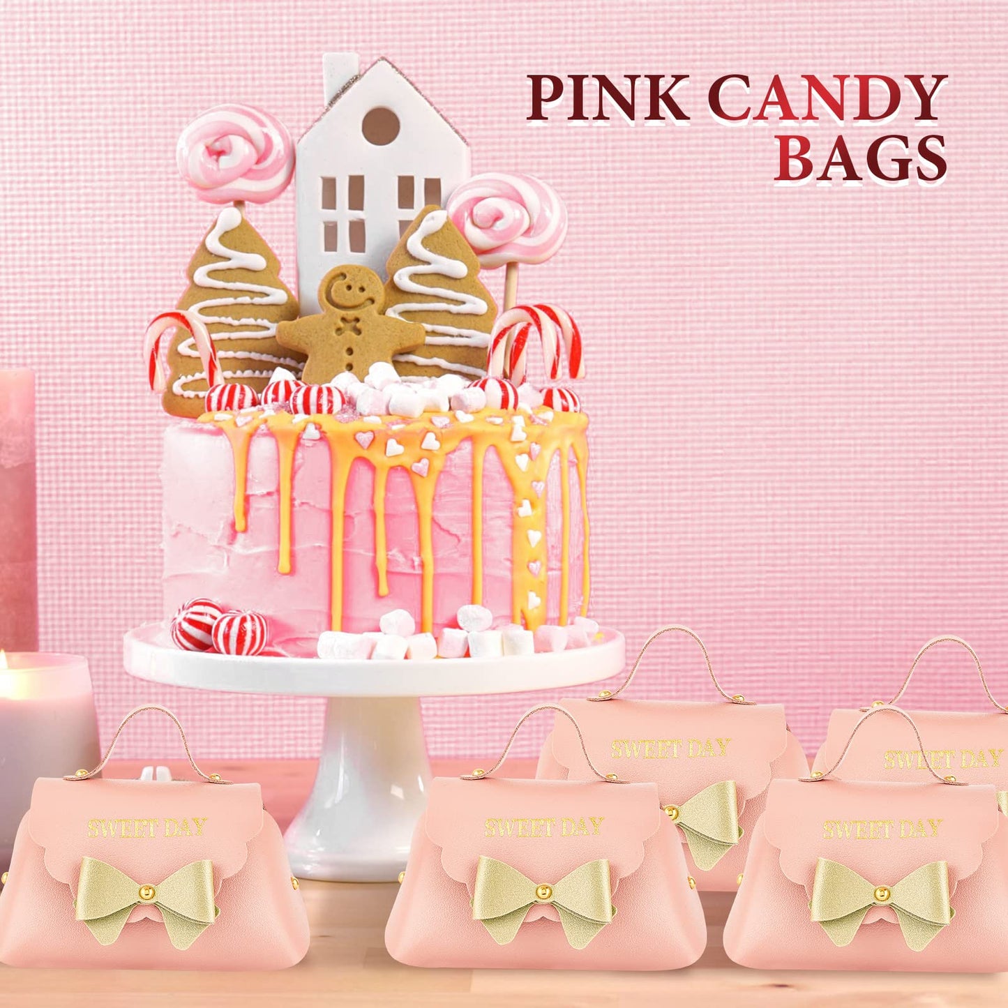 Dandat 24 Pcs PU Leather Bowknot Gift Boxes 5x3 Inch Reusable Candy Favor Bags with Handles, Elegant Mini Handbag Purse for Wedding, Birthday, Party Favors(Pink)