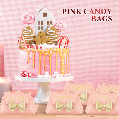 Dandat 24 Pcs PU Leather Bowknot Gift Boxes 5x3 Inch Reusable Candy Favor Bags with Handles, Elegant Mini Handbag Purse for Wedding, Birthday, Party Favors(Pink)