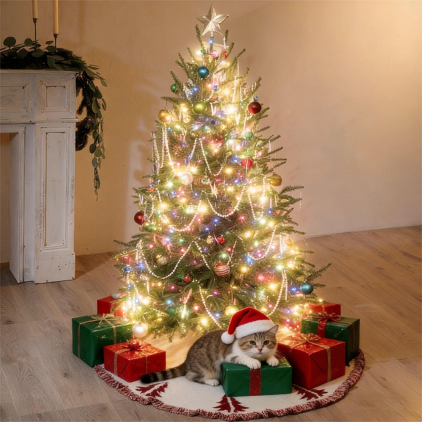 Christmas Tree Skirt, Christmas Decorations, 48 Inch Knitting Retro Xmas Tree Skirt Décor Skirt for 6/7 ft Trees (White with Red)
